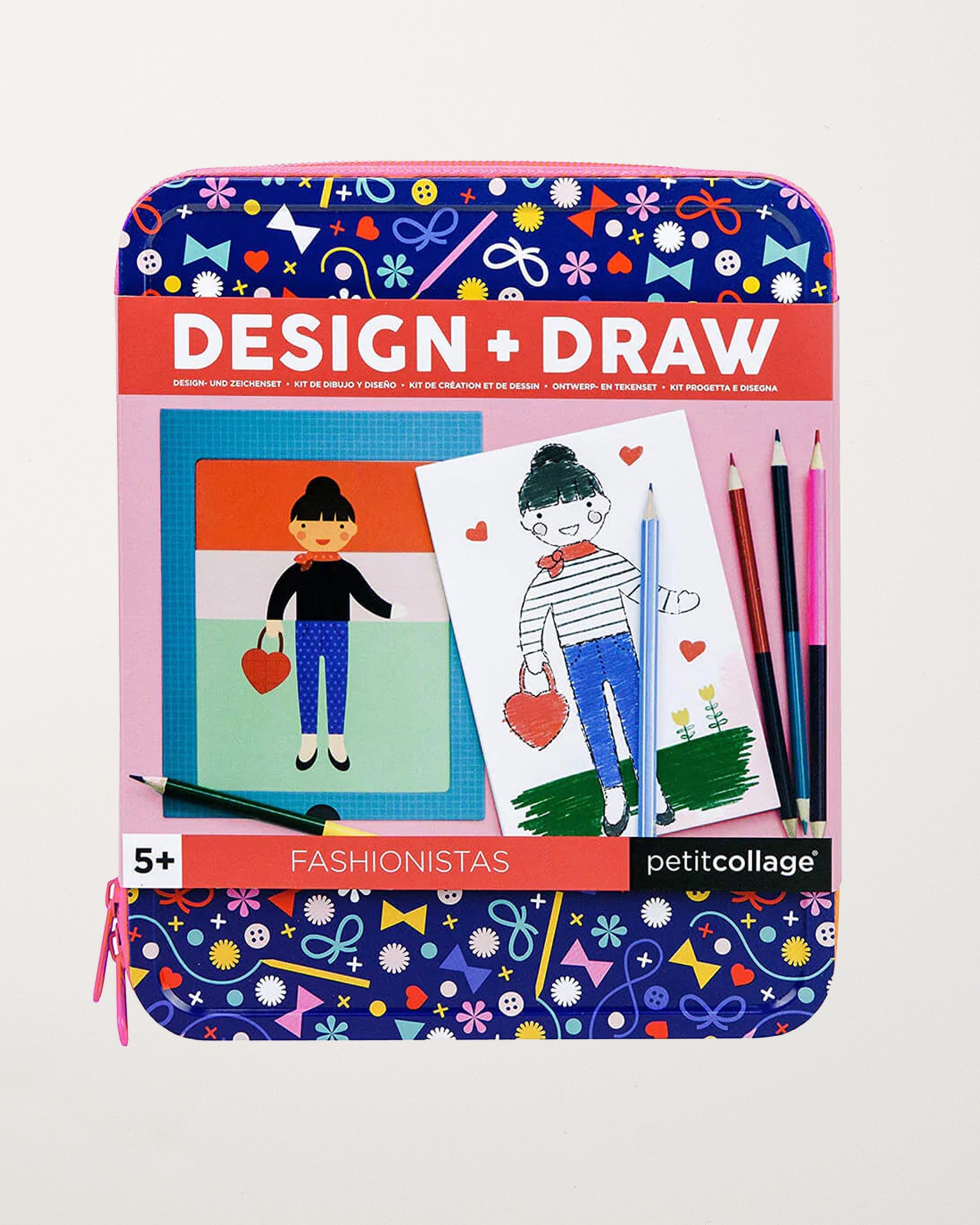 'Design + Draw Fashionistas' product by Petit Collage, featuring a colourful design with fashion-themed illustrations, a magnetic frame, paper pad, pencils, and a child drawing on the front cover.