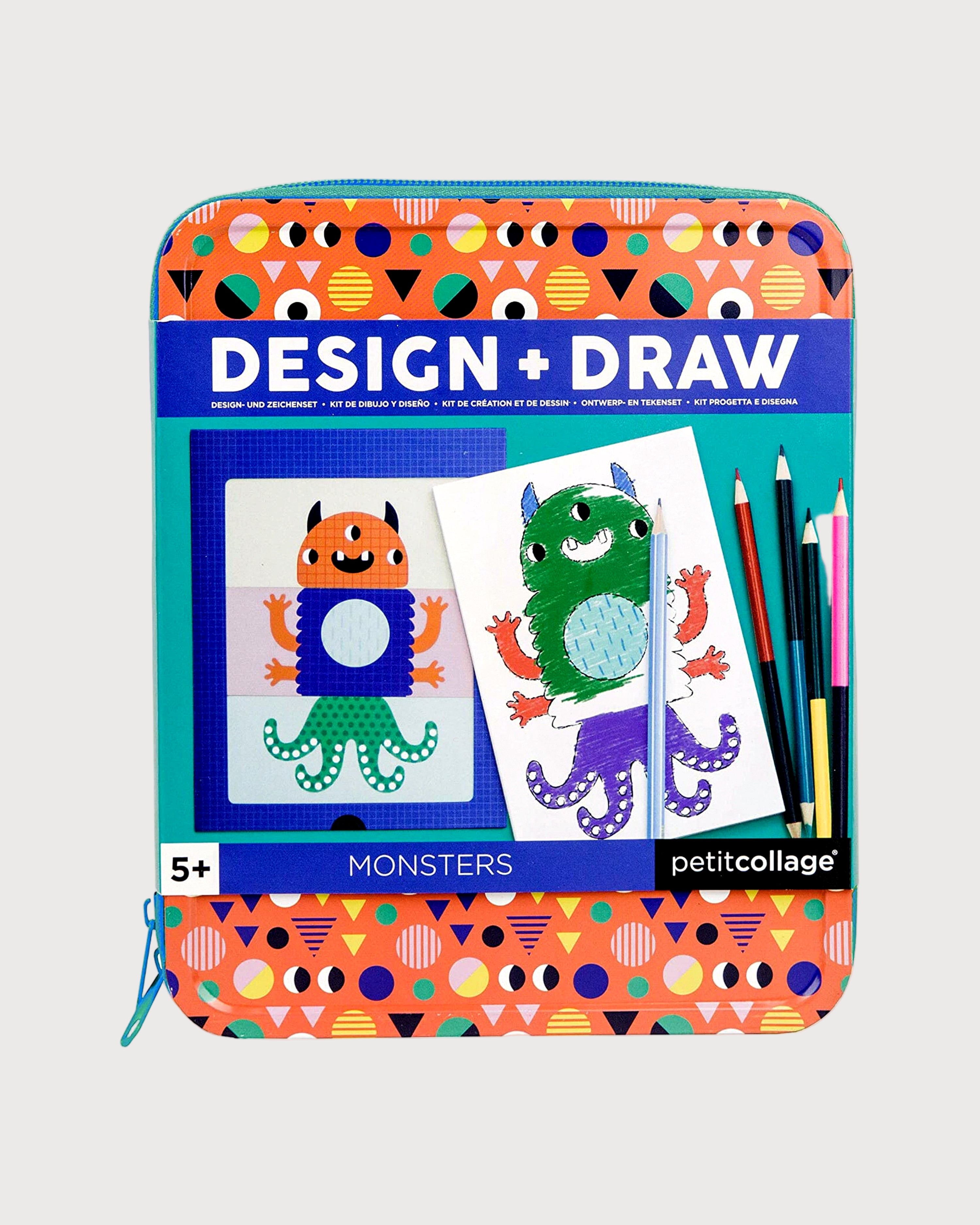 Petit Collage Design & Draw Monsters set with magnetic monster cards, drawing pad and pencils in travel tin