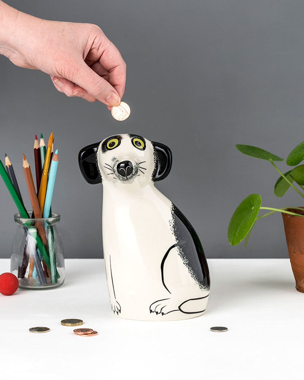 Handmade Ceramic Black and White Dog Money Box