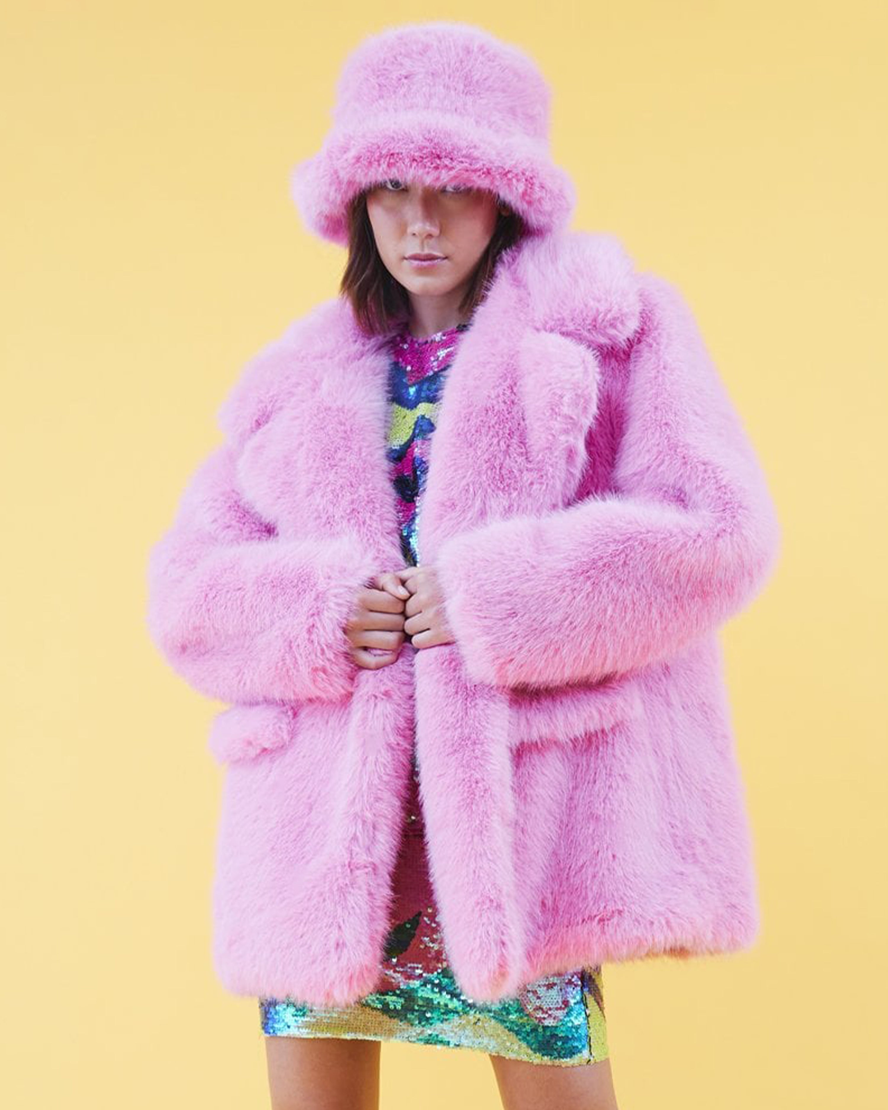 Faux Fur Baby Pink Midi Coat