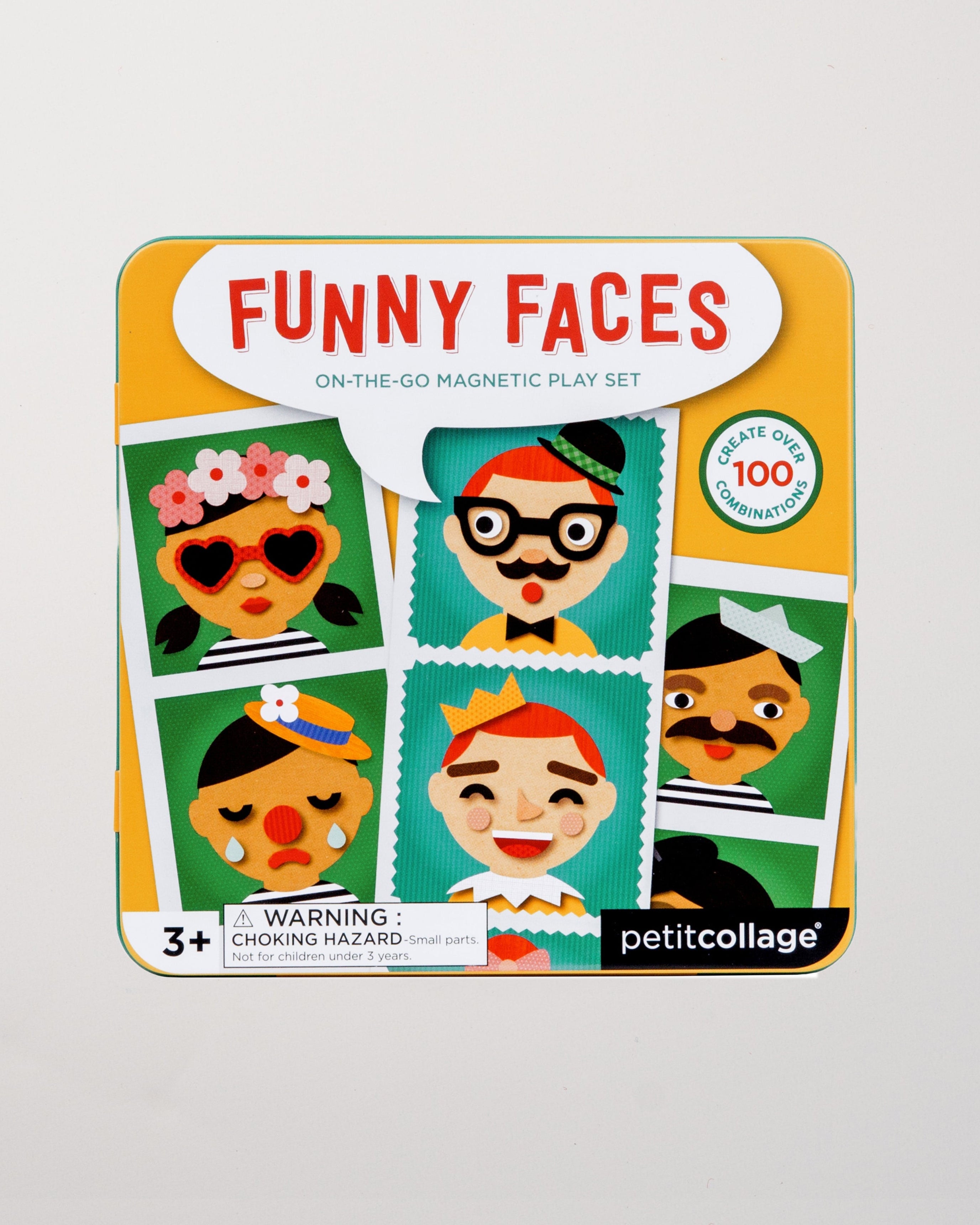 Packaging of 'Funny Faces' magnetic play set showing various illustrated faces with different accessories and expressions.