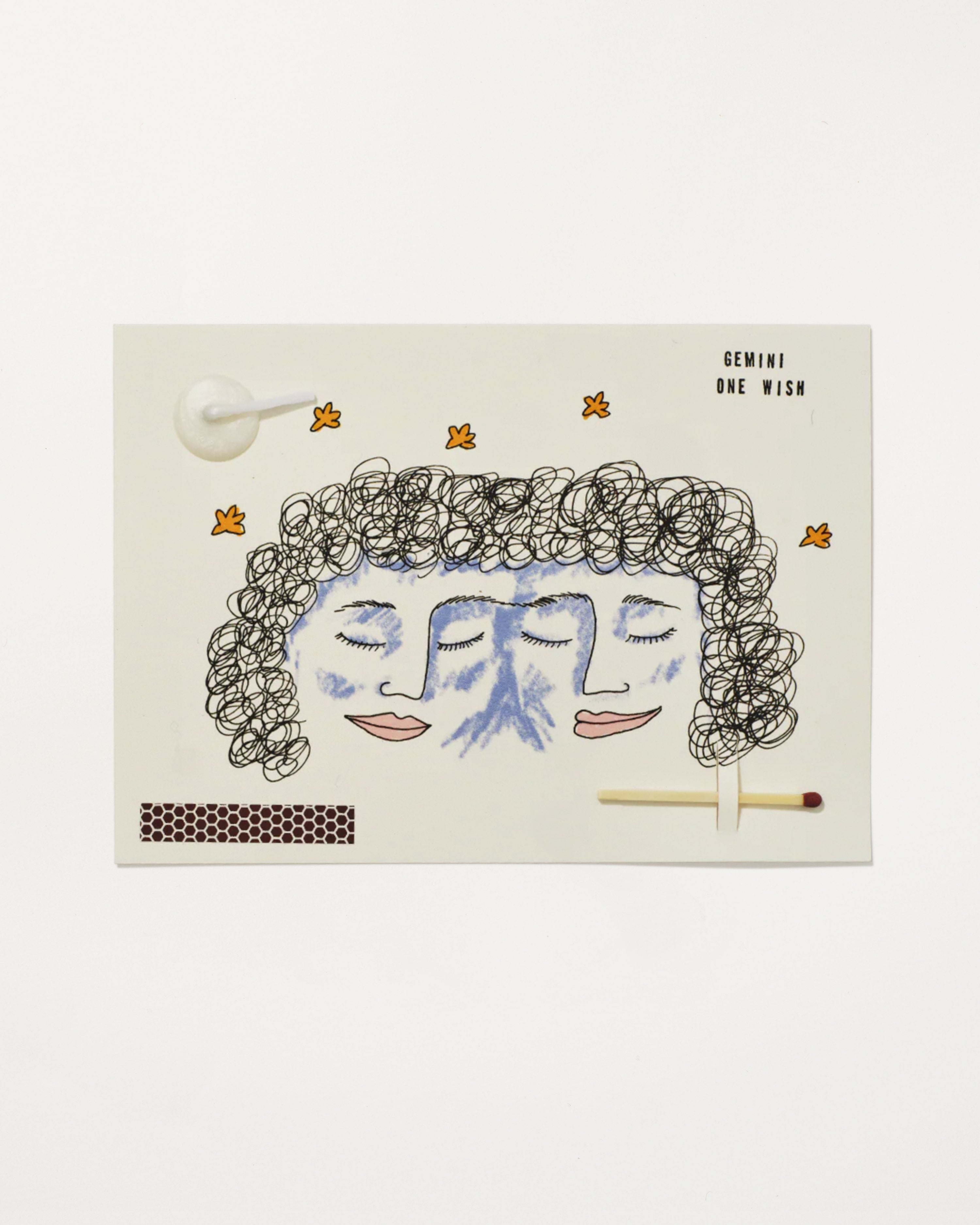 Gemini Zodiac Wish Card with illustration of two faces and text on a white background, containing a match, strike pad and candlewick

