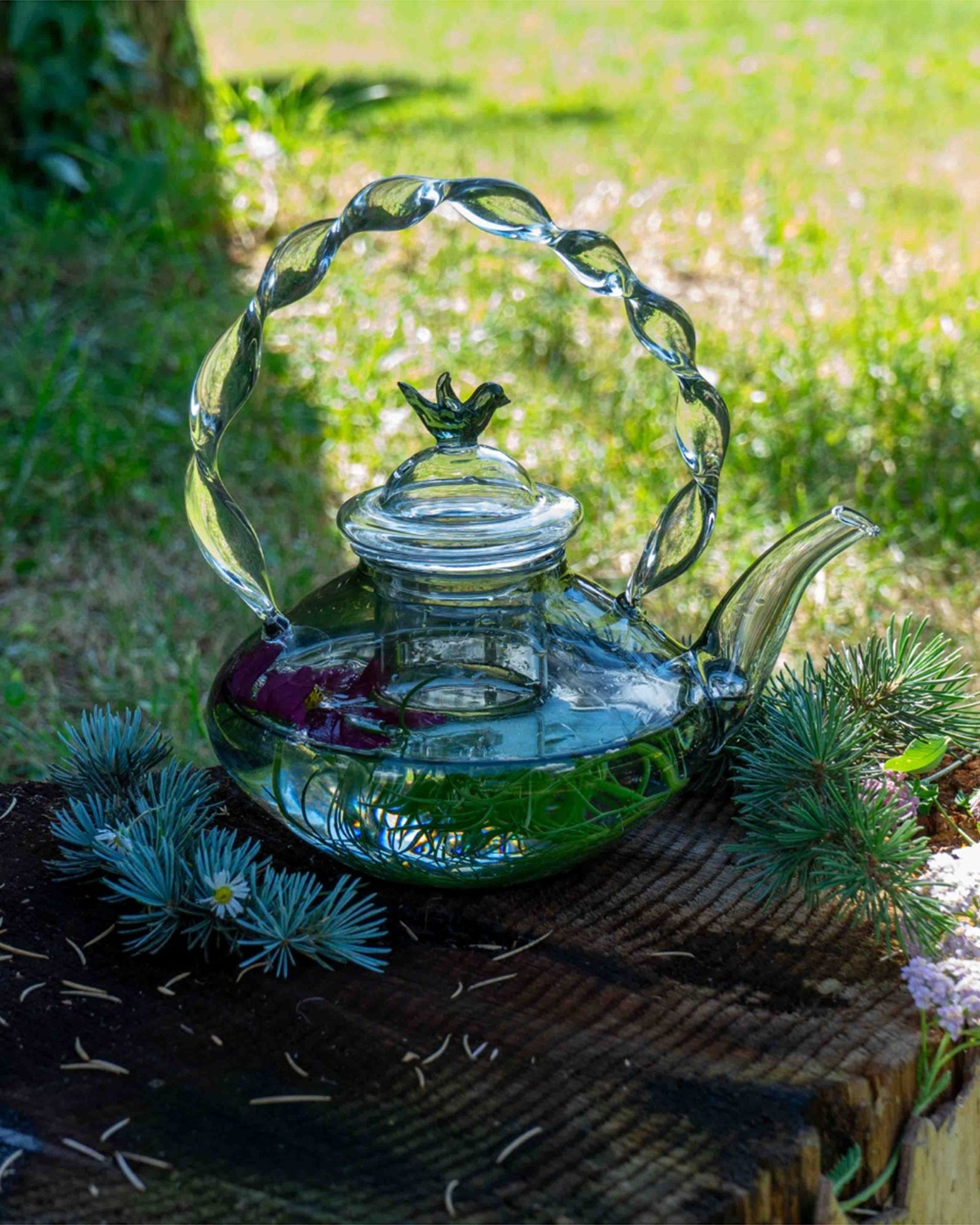 Glass Teapot Bird Blue