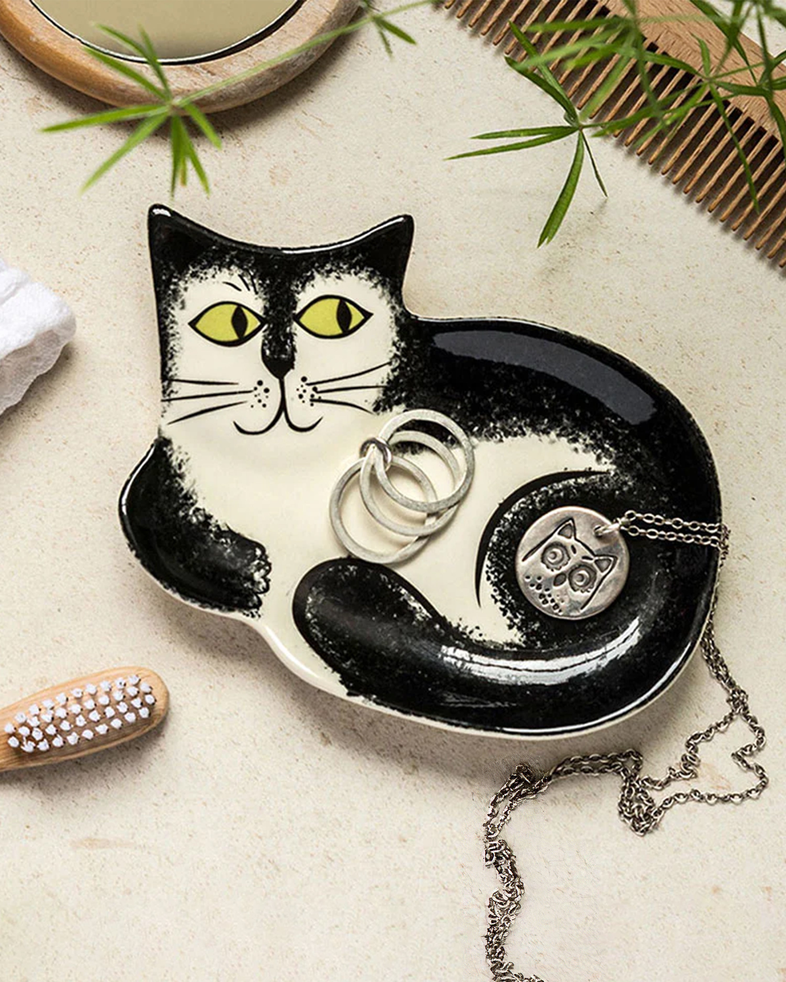 Handmade Ceramic Black and White Cat Trinket Dish