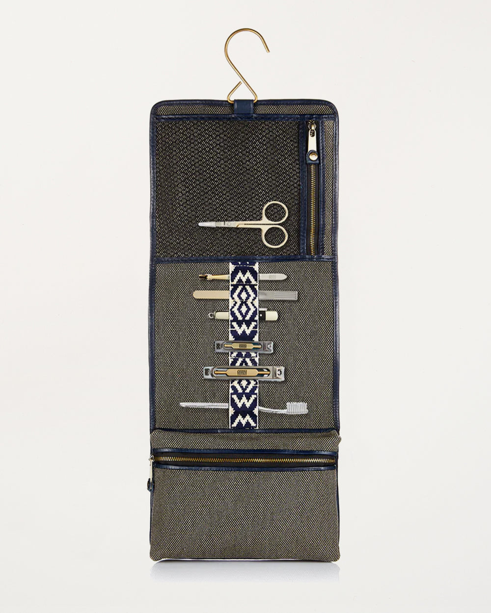 Herringbone Toiletry Wash Roll, Navy Blue
