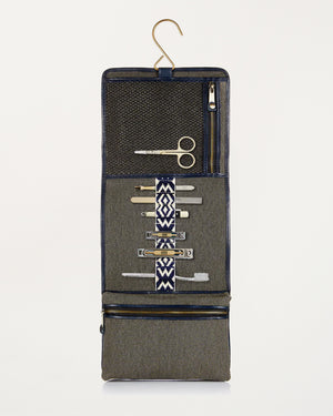 Herringbone Toiletry Wash Roll, Navy Blue