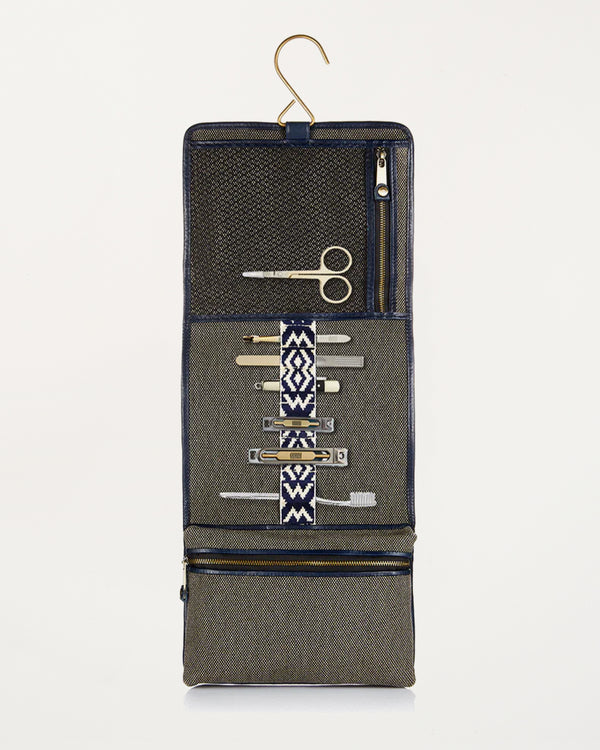 Herringbone Toiletry Wash Roll, Navy Blue