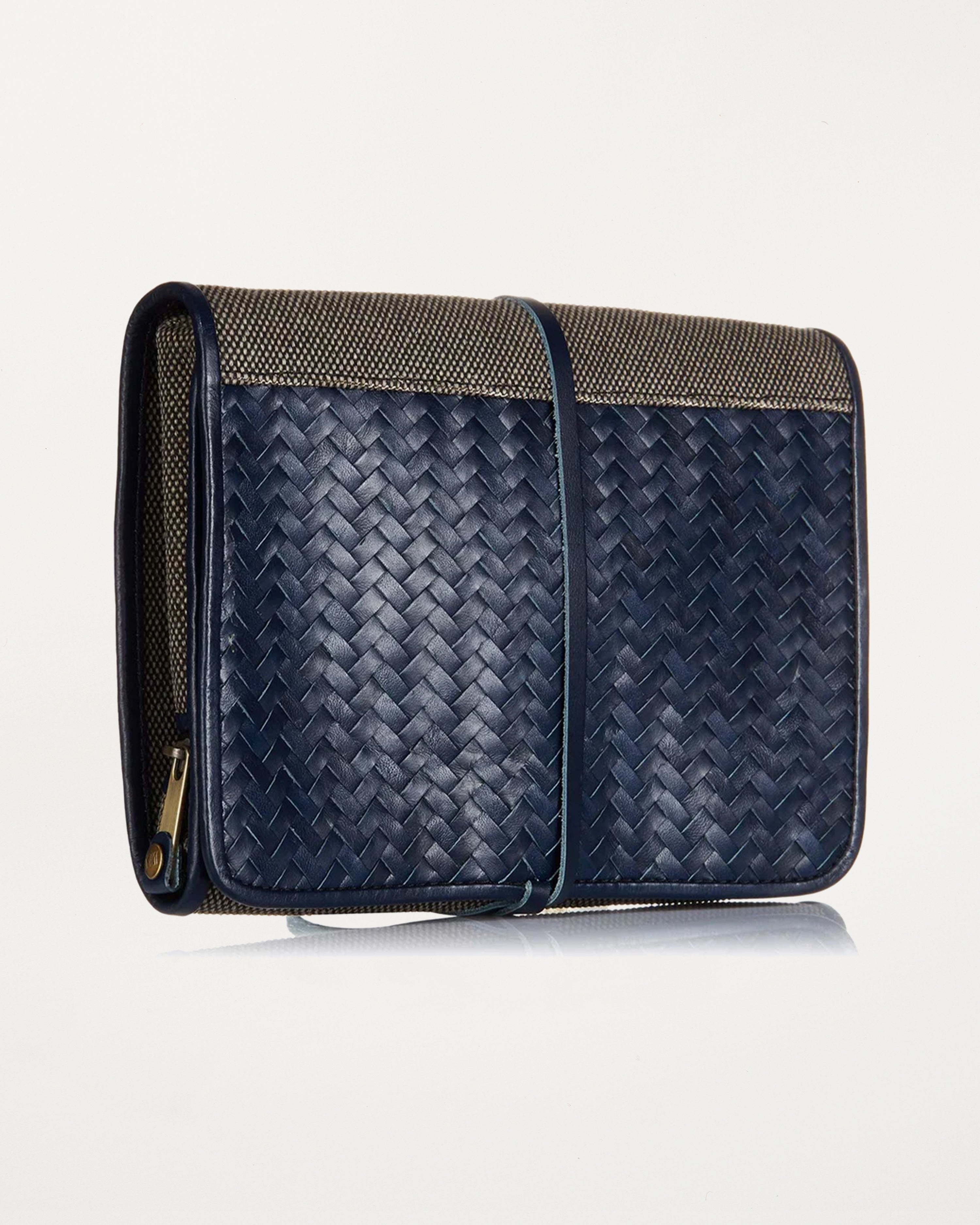 Herringbone Toiletry Wash Roll, Navy Blue