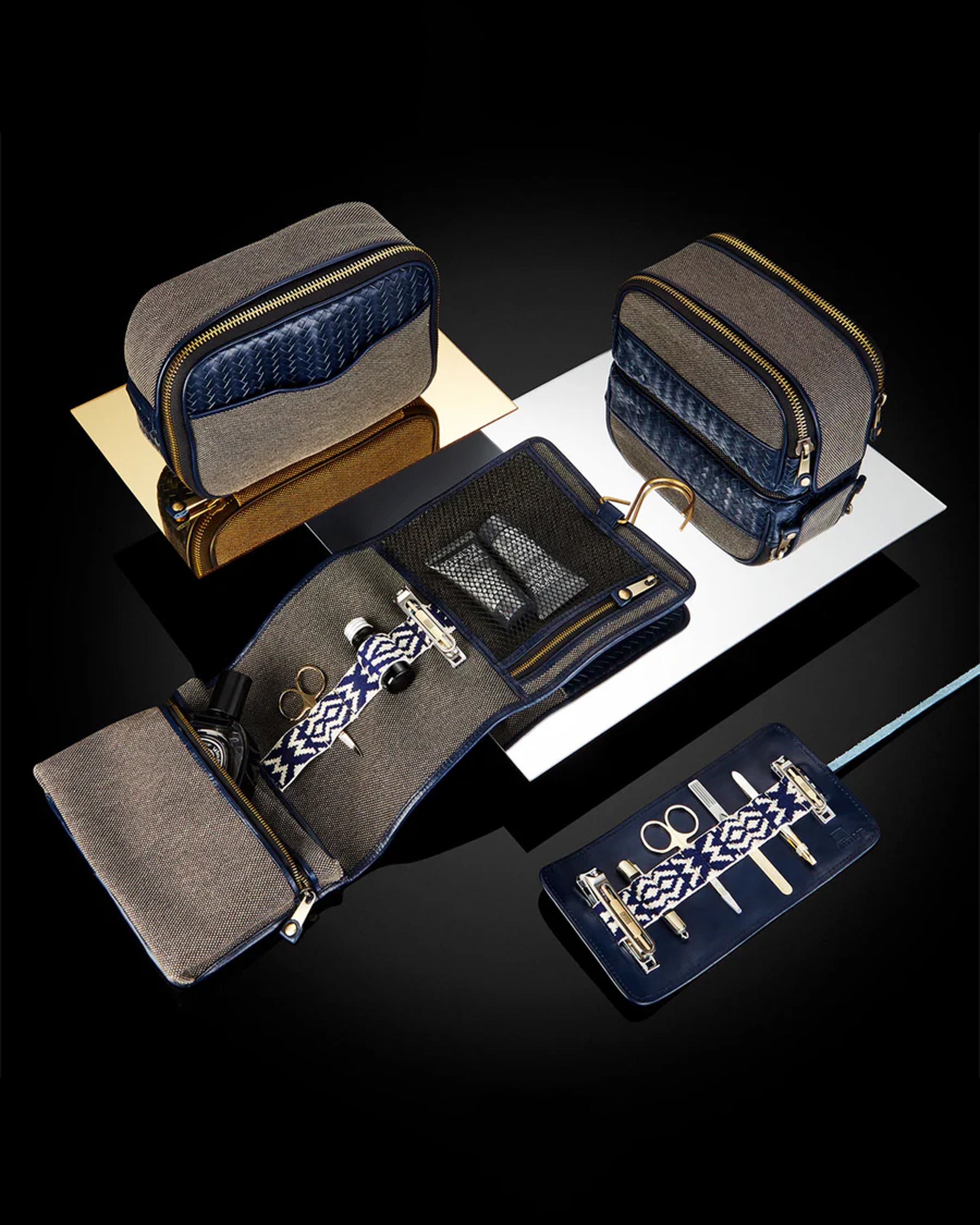 Herringbone Toiletry Wash Roll, Navy Blue