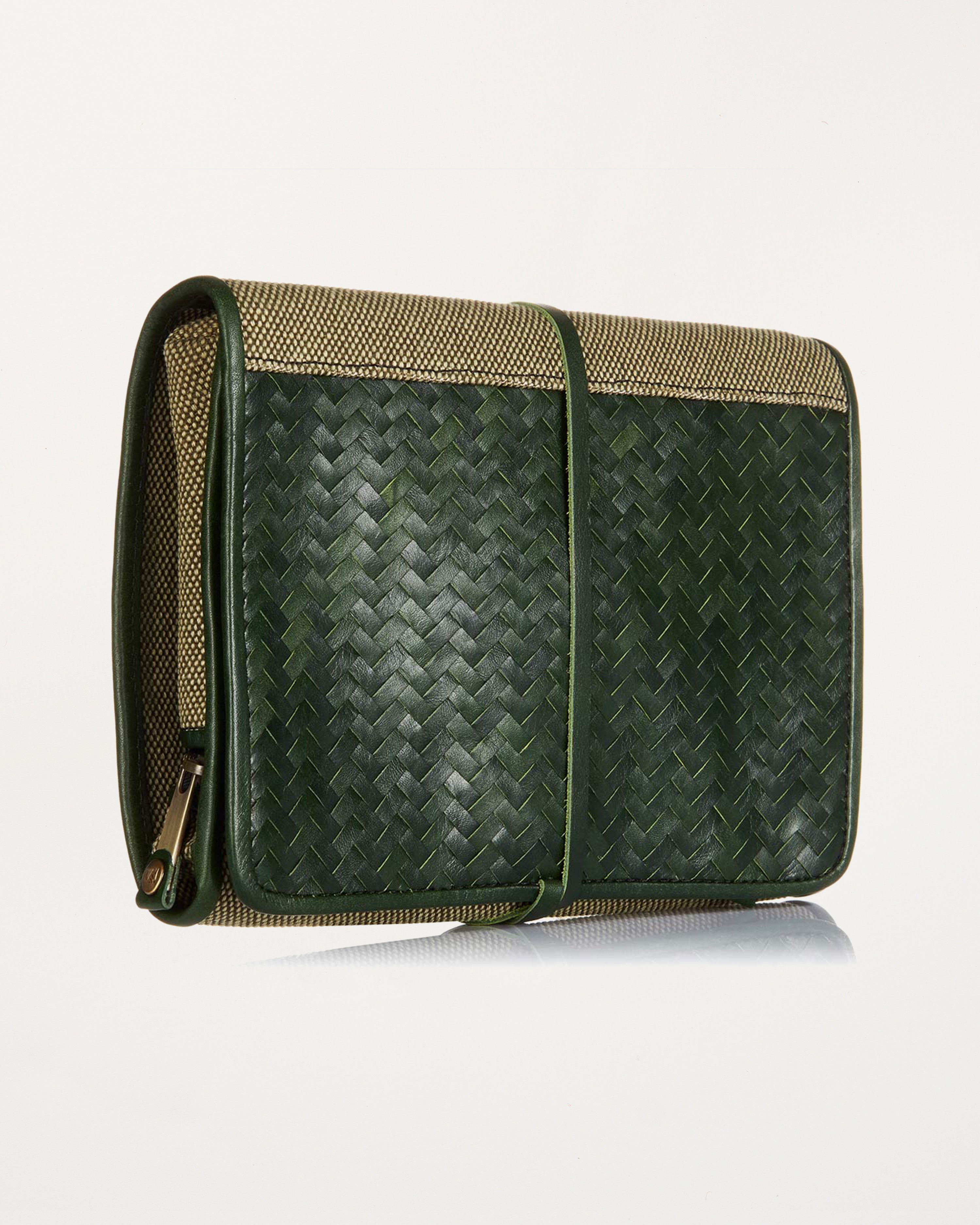 Herringbone Toiletry Wash Roll, Racing Green