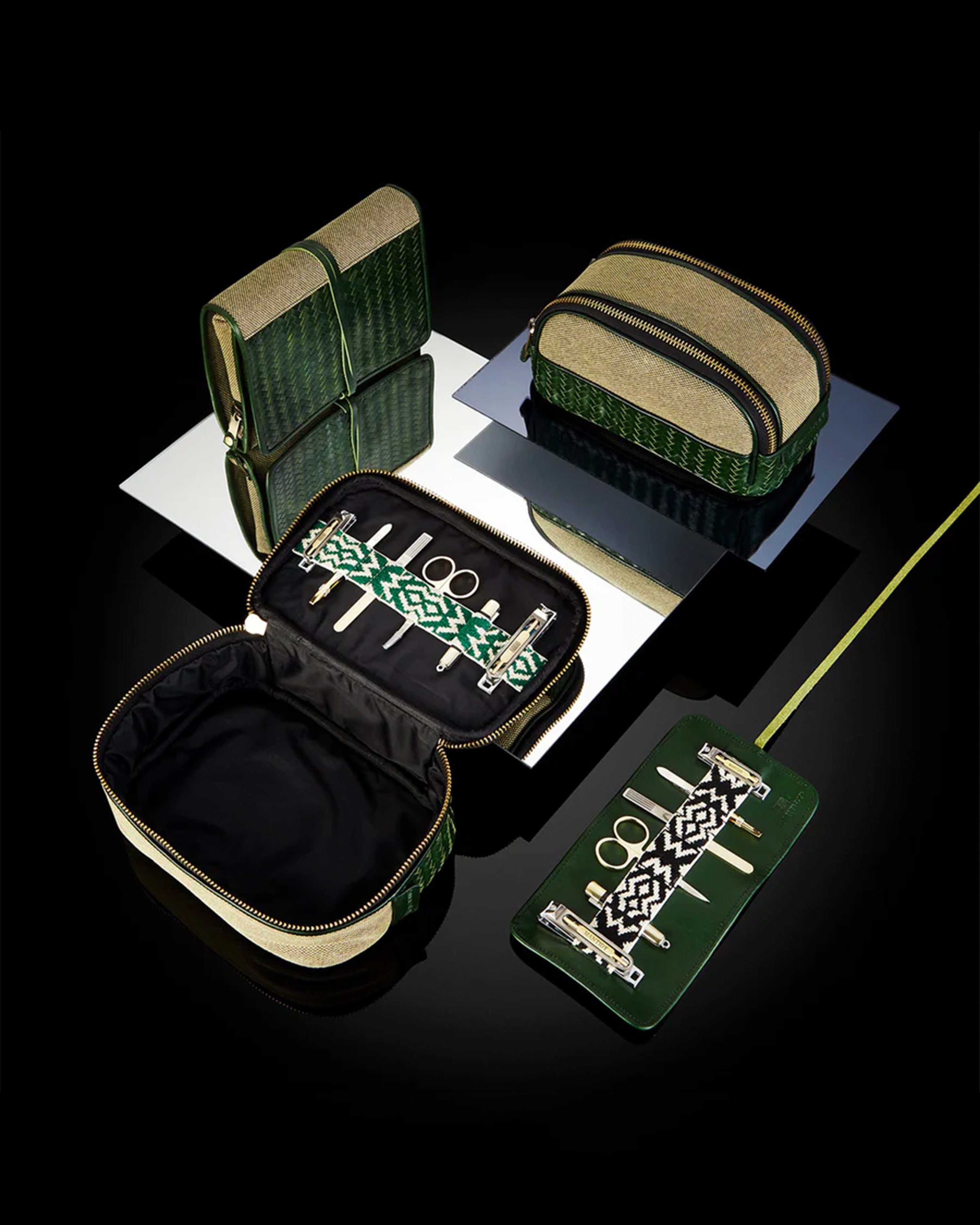 Herringbone Toiletry Wash Roll, Racing Green