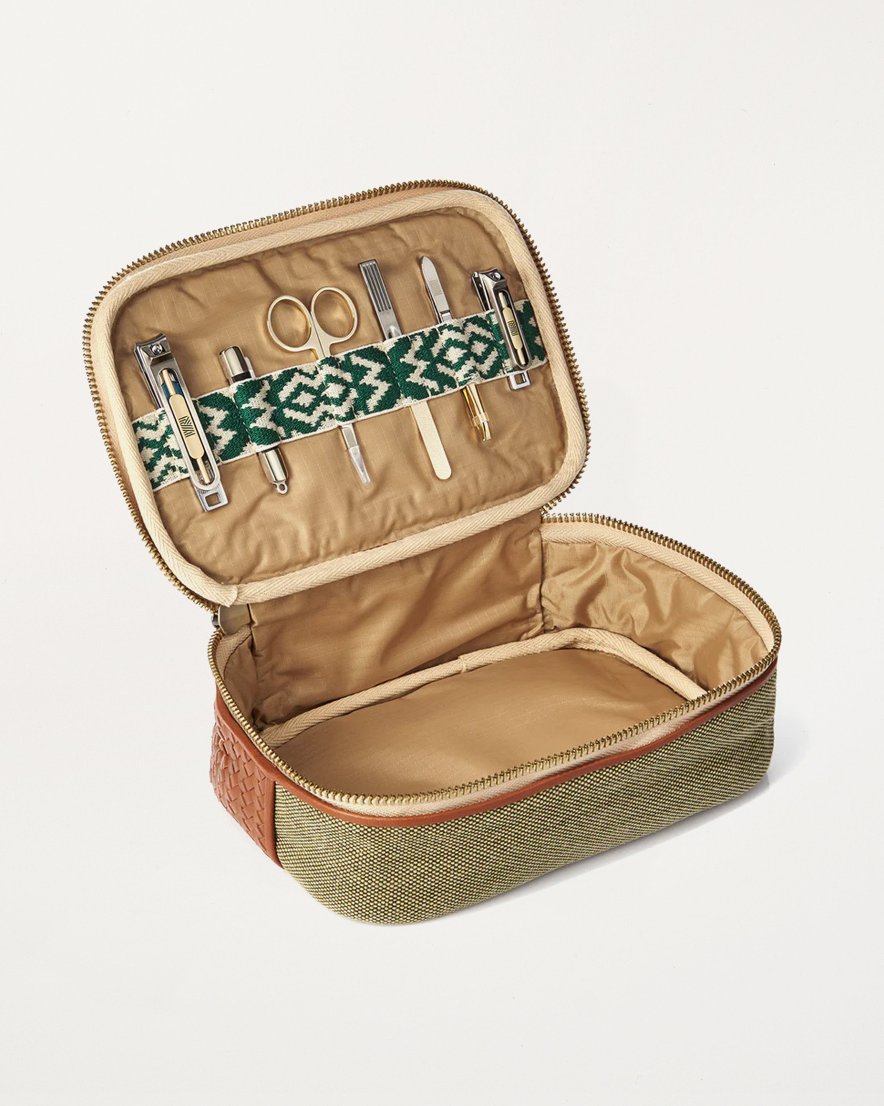 Herringbone Zip Around Toiletry Wash Bag, Tan