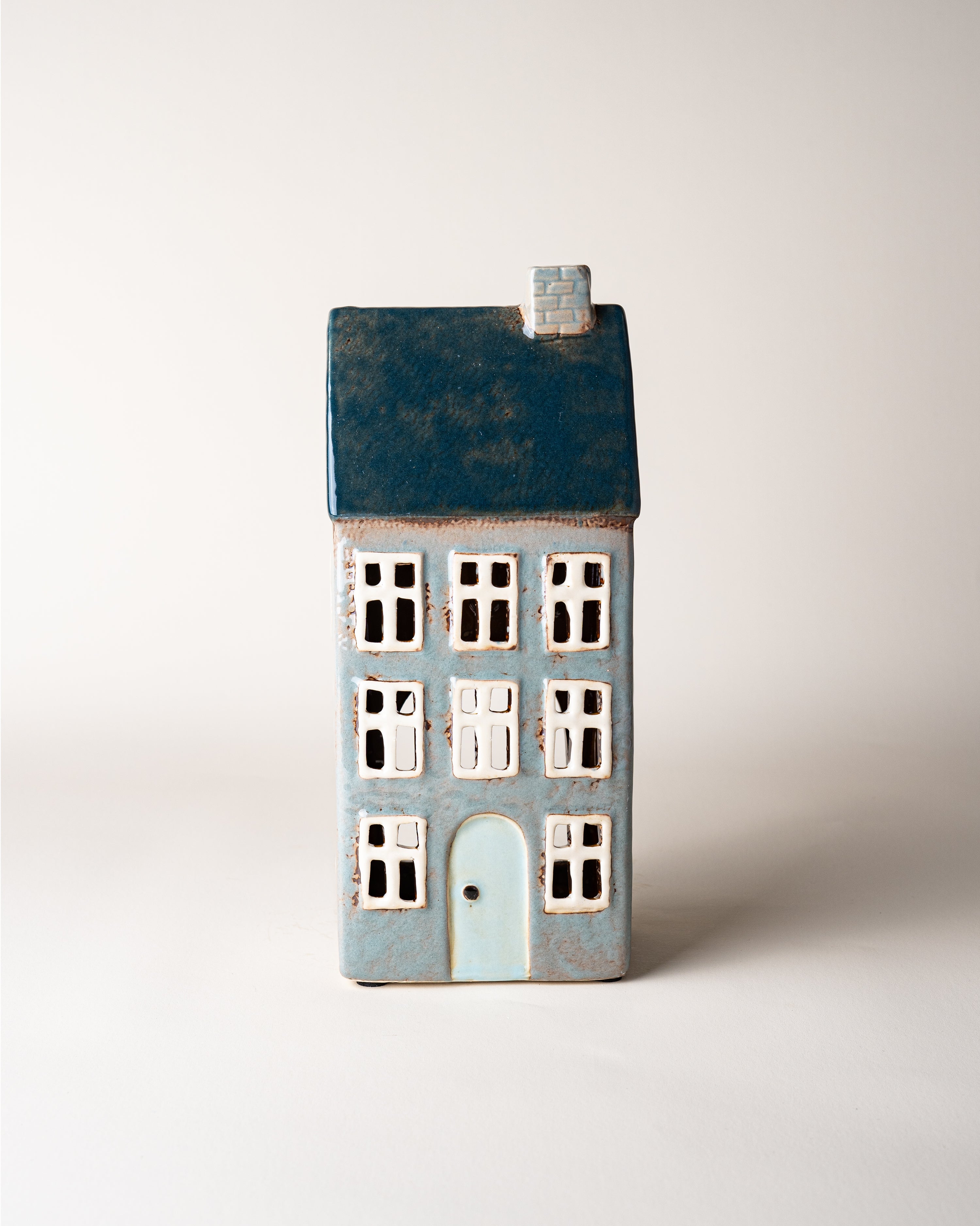 House Tealight Holder Blue/Grey Chimney