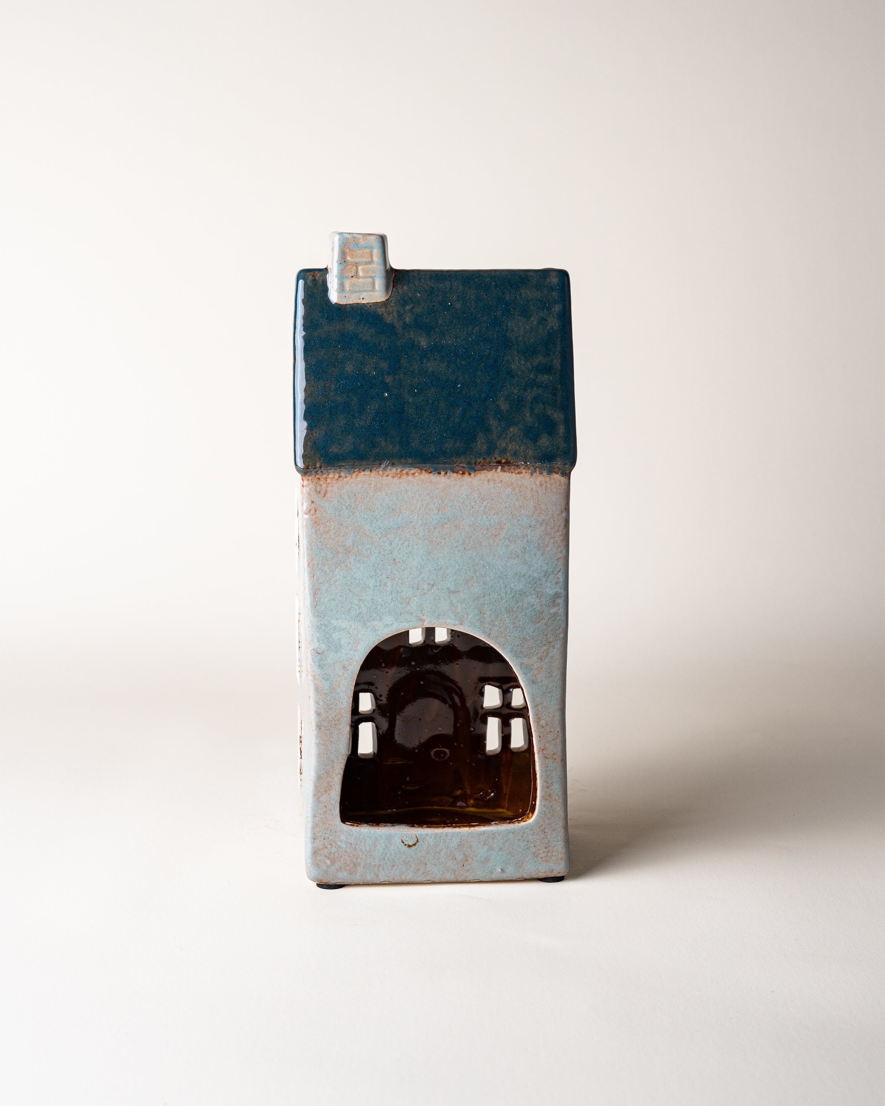 House Tealight Holder Blue/Grey Chimney