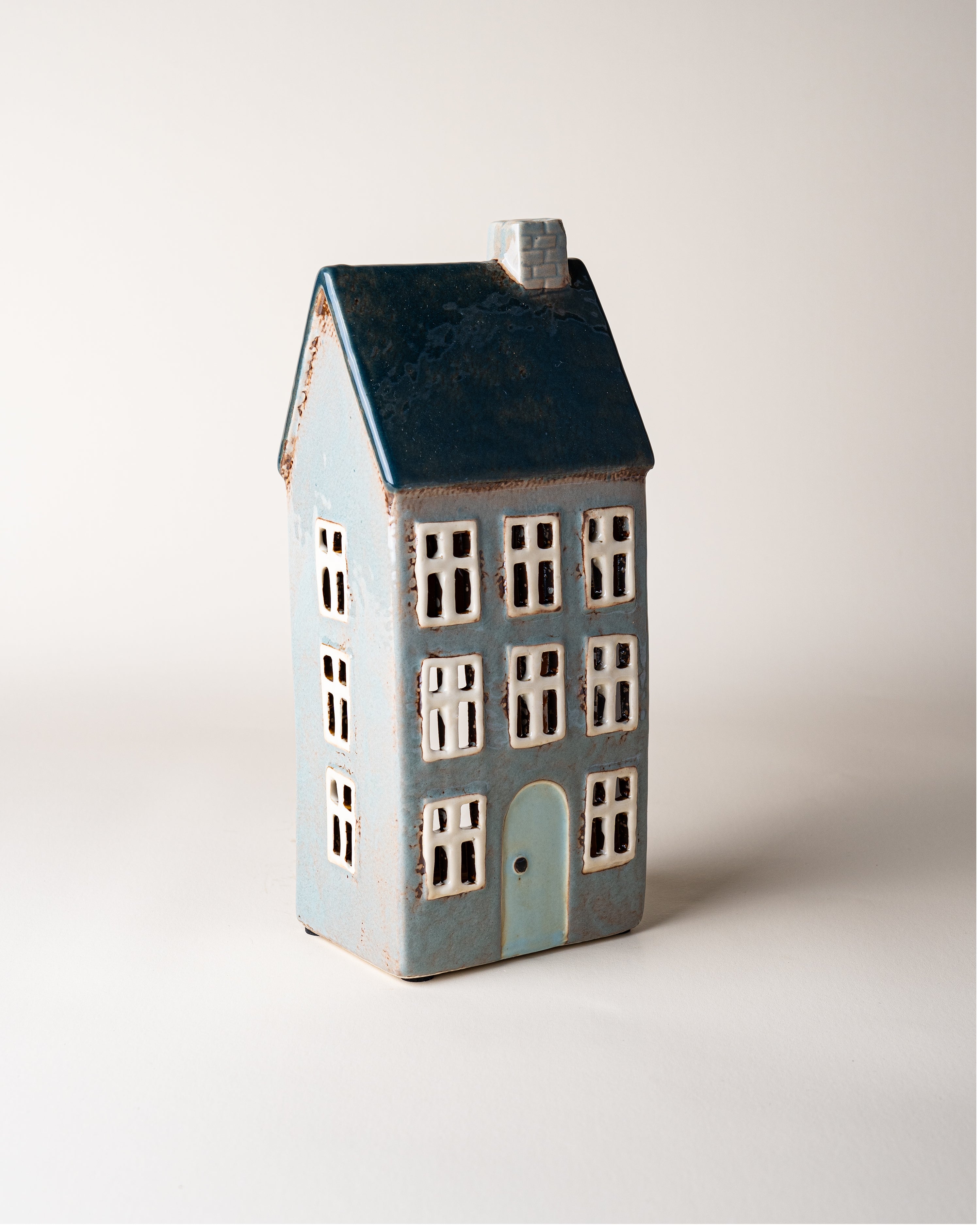 House Tealight Holder Blue/Grey Chimney