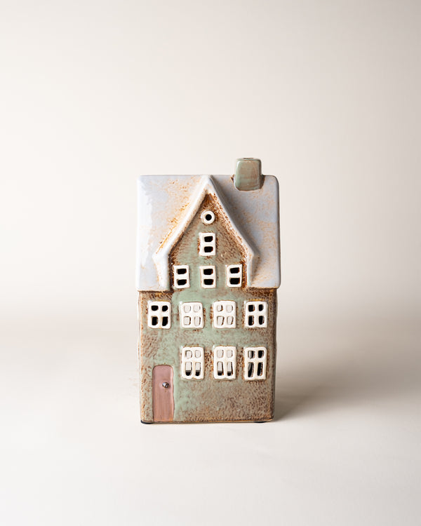 House Tealight Holder Green/Pink Door