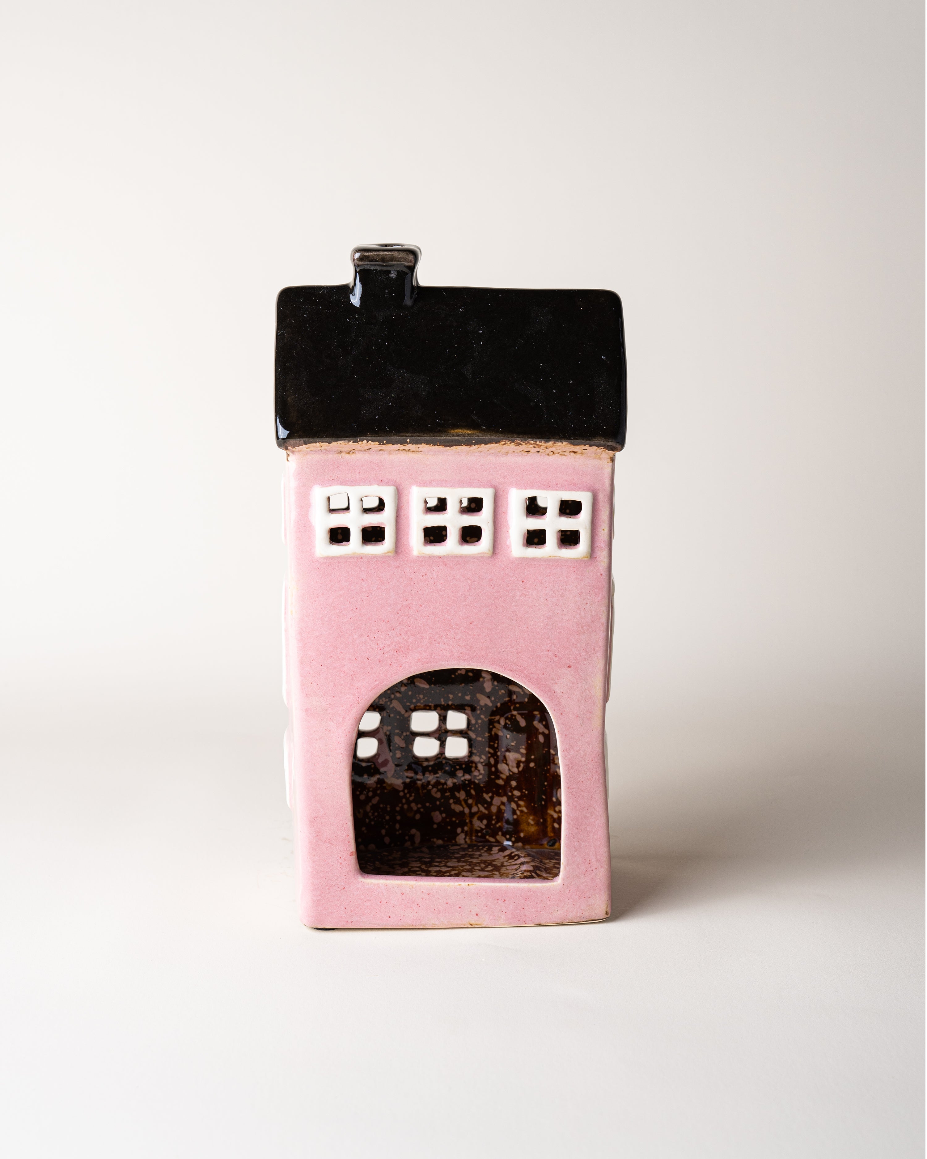 House Tealight Holder Pink/Black Roof