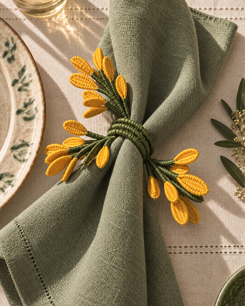 Iraca Palm Golden Flower Napkin Ring Olive Green and Yellow