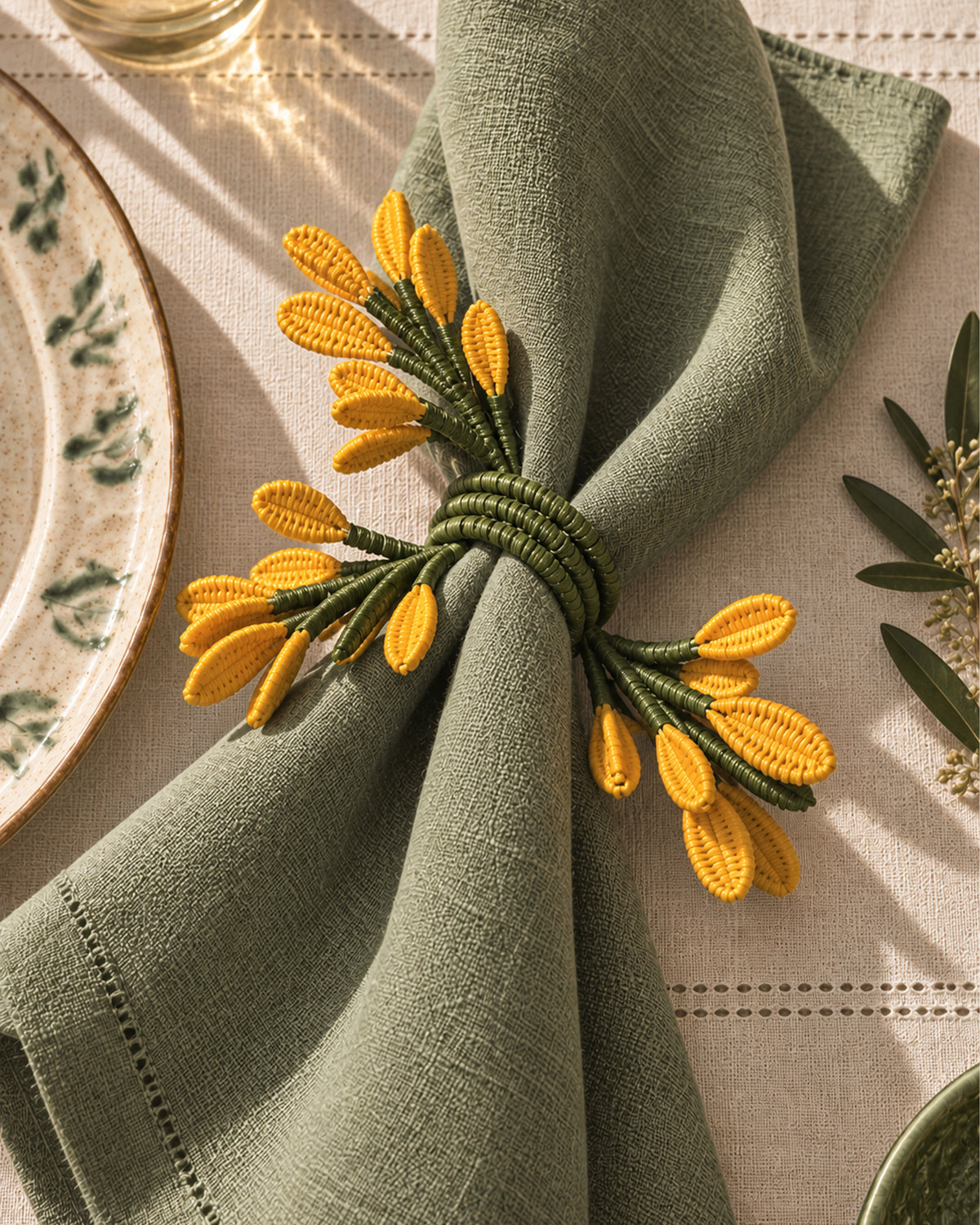 Iraca Palm Golden Flower Napkin Ring Olive Green and Yellow