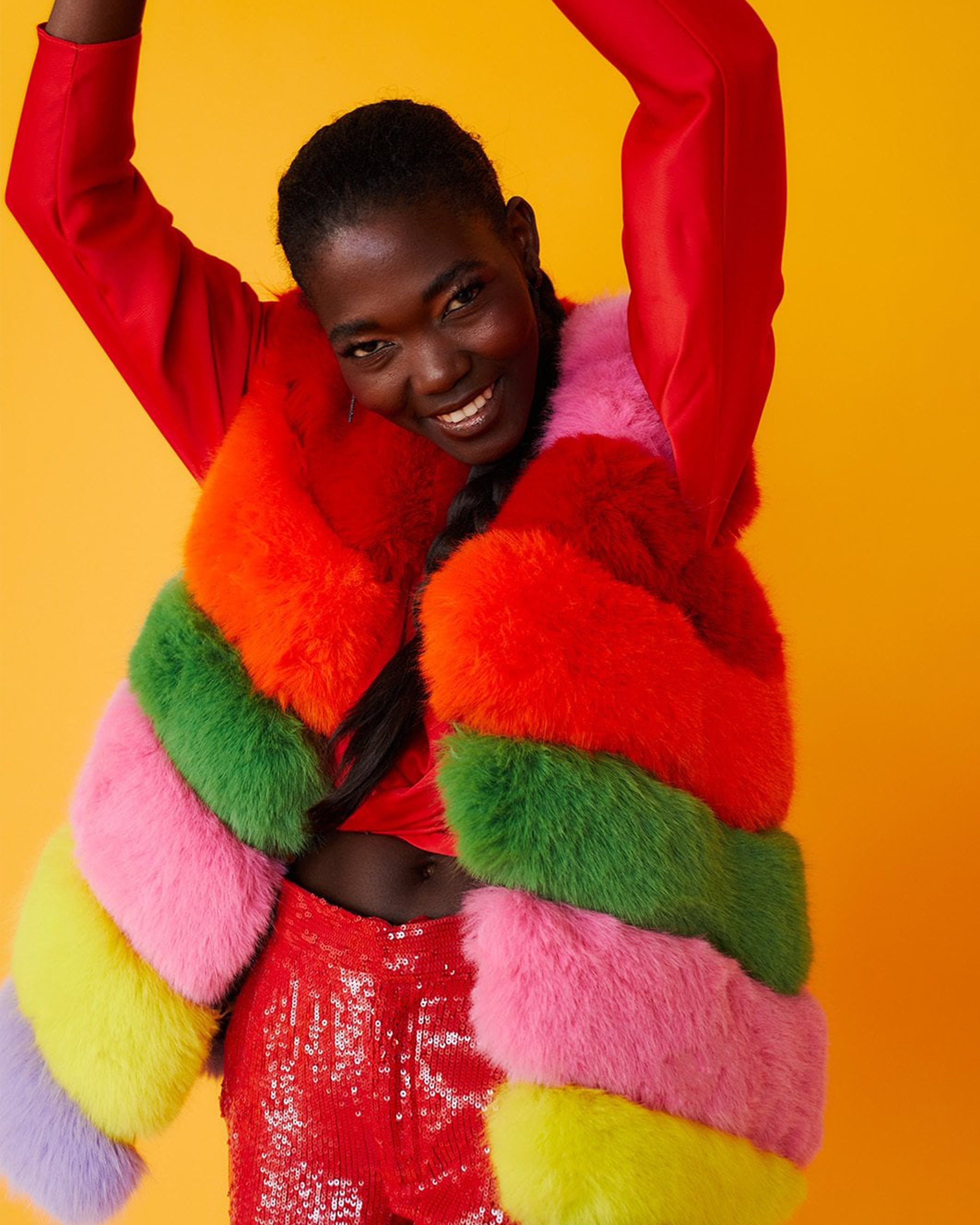 Gaga Faux Fur Striped Rainbow Gilet