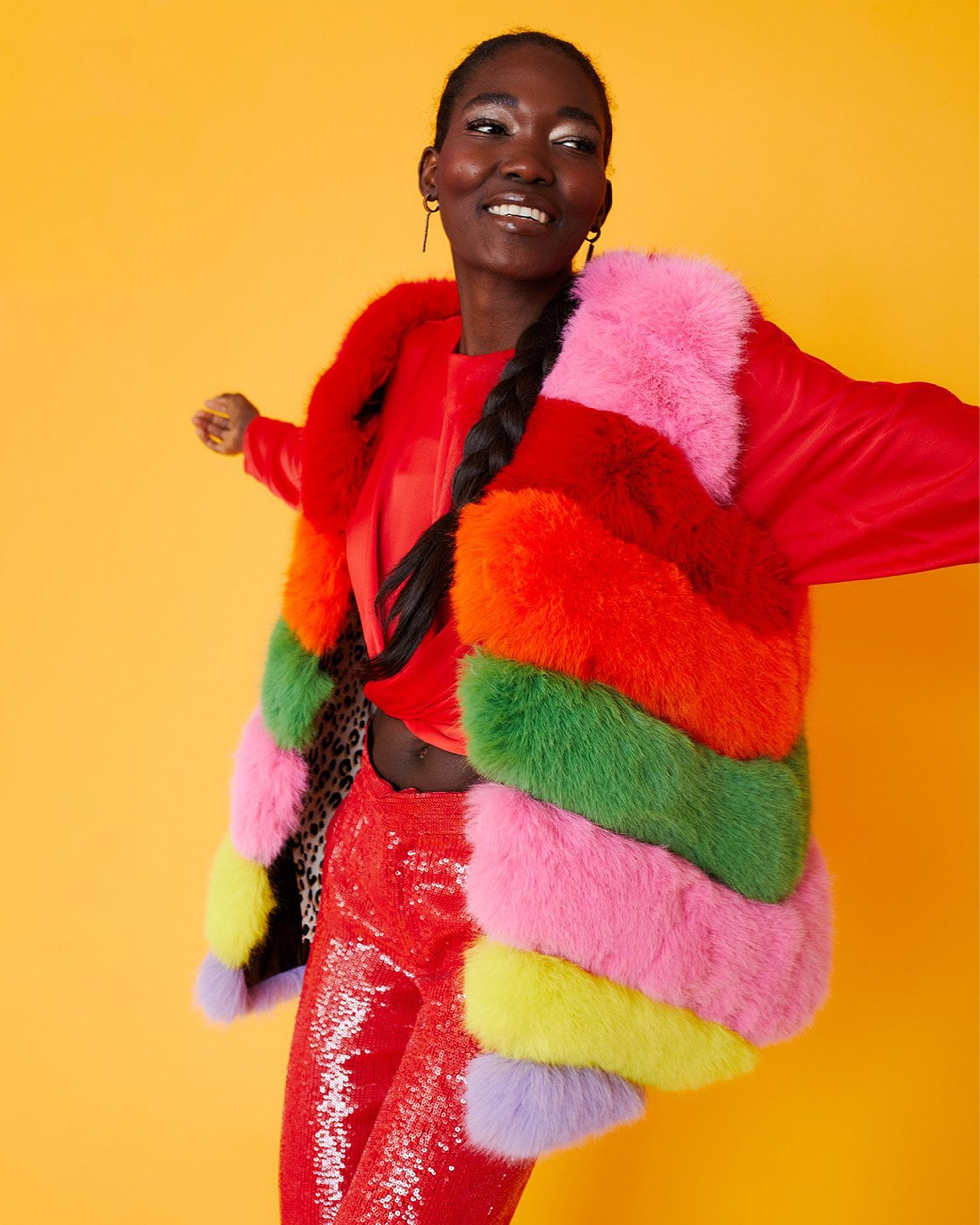 Gaga Faux Fur Striped Rainbow Gilet