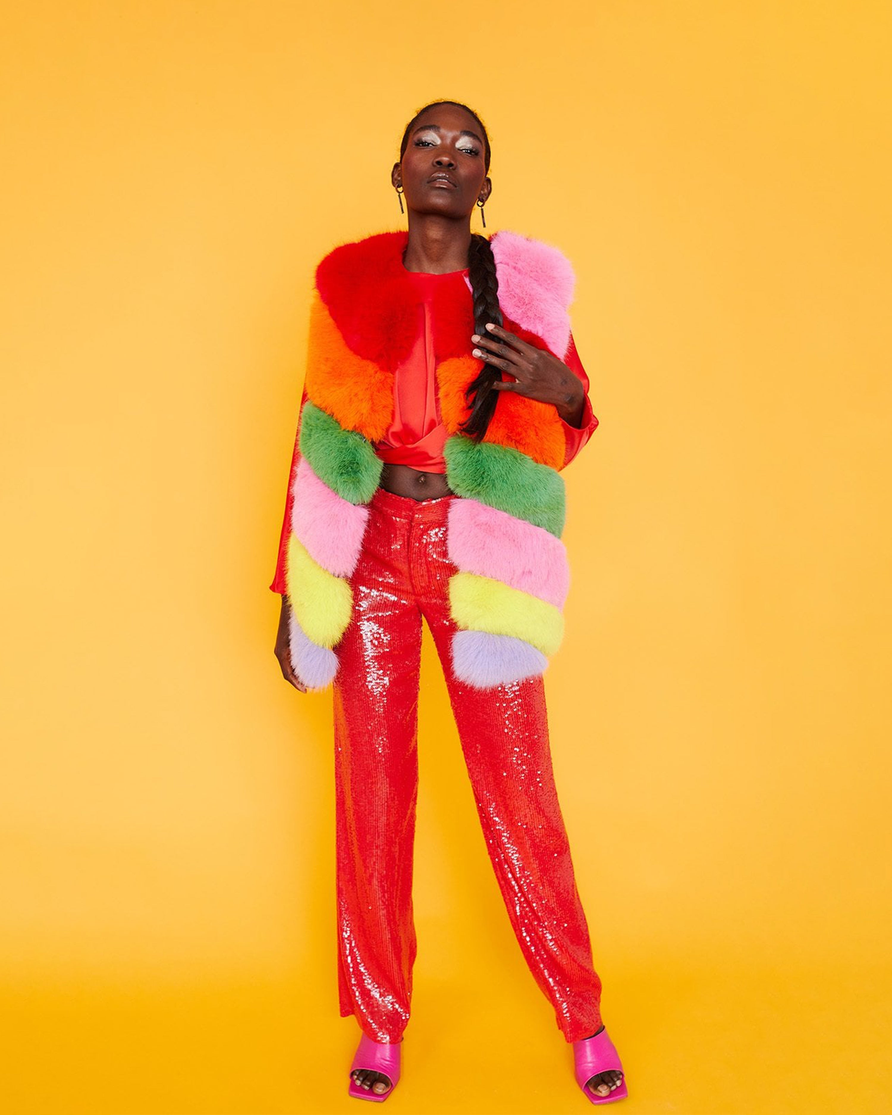 Gaga Faux Fur Striped Rainbow Gilet