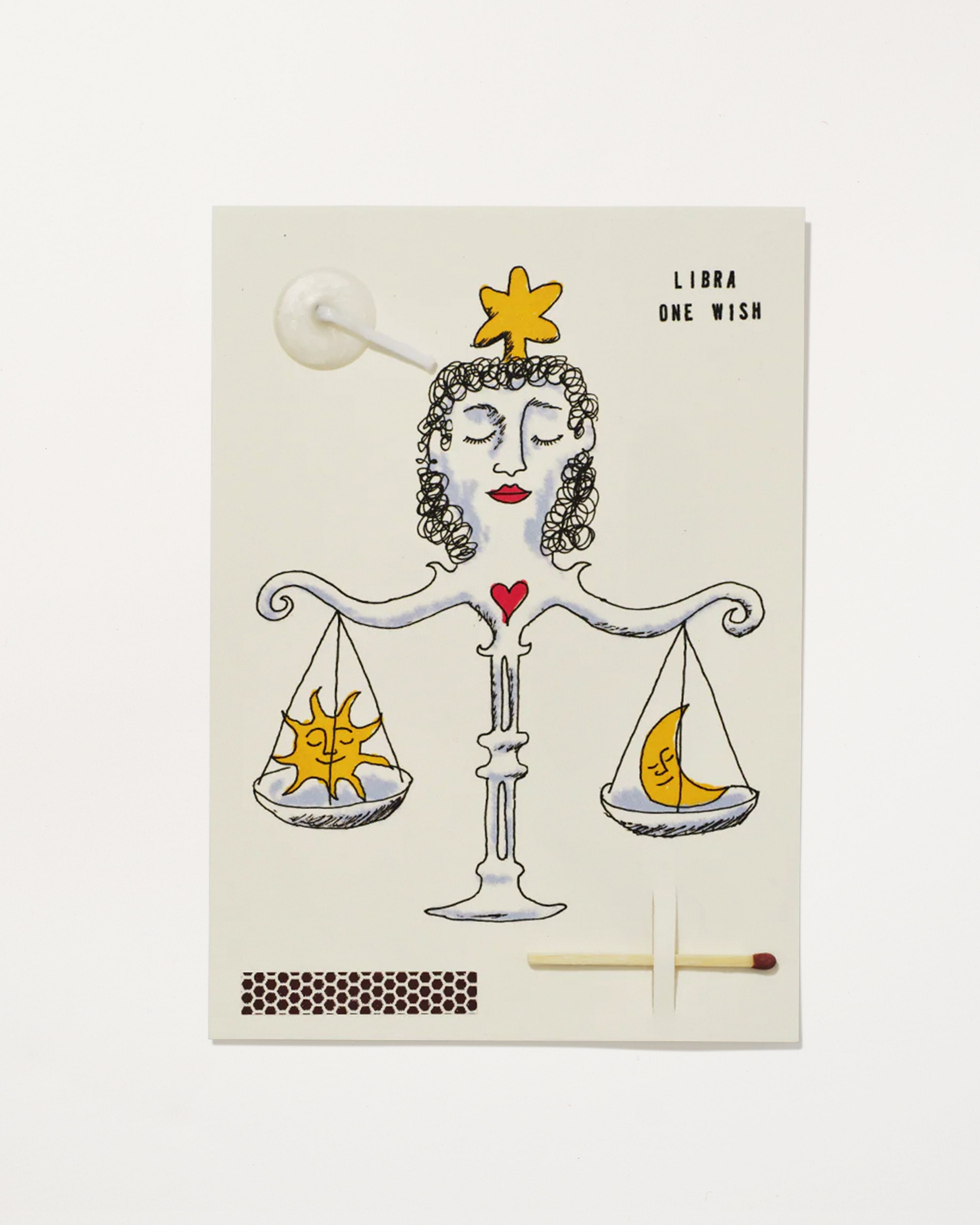 Libra Zodiac Wish Card with a hand illustrated woman forming balance scales that weigh a sun and a moon, with match, strike pad and candlewick.