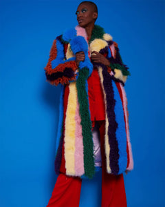 Multi Coloured Striped Shaggy Long Coat S/M
