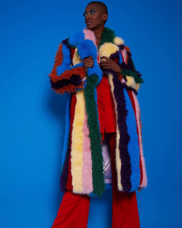 Multi Coloured Striped Shaggy Long Coat S/M