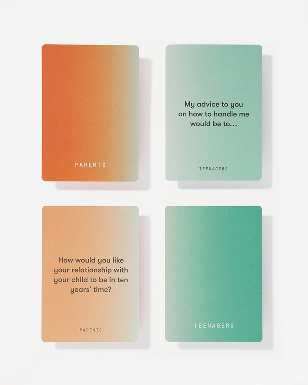 A deck of cards with a colorful gradient background and the text 'PARENTS & TEENAGERS' along with a subtitle 'Understanding and Sympathy between the Generations' printed on it.