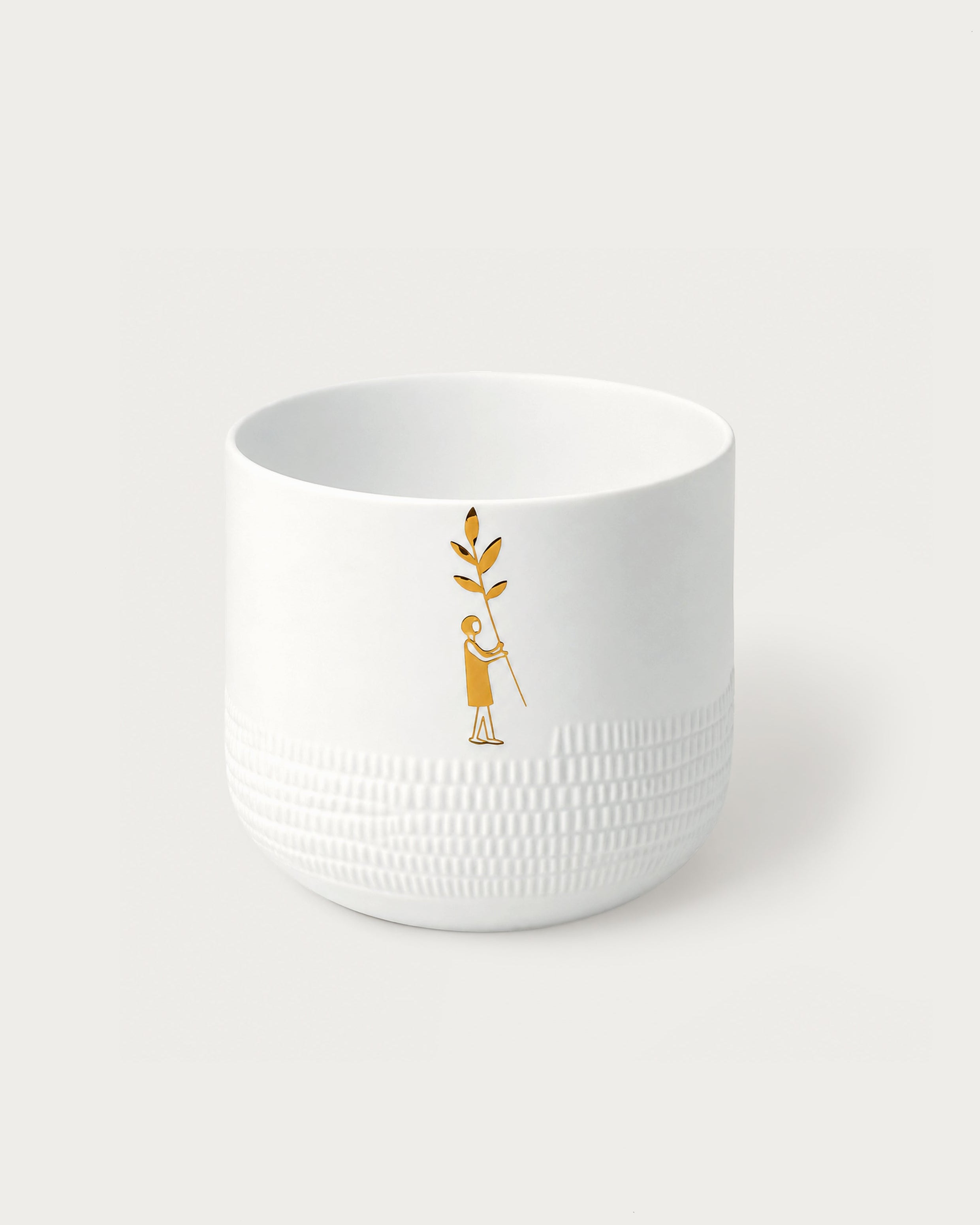 White textured bowl with a gold design on a white background