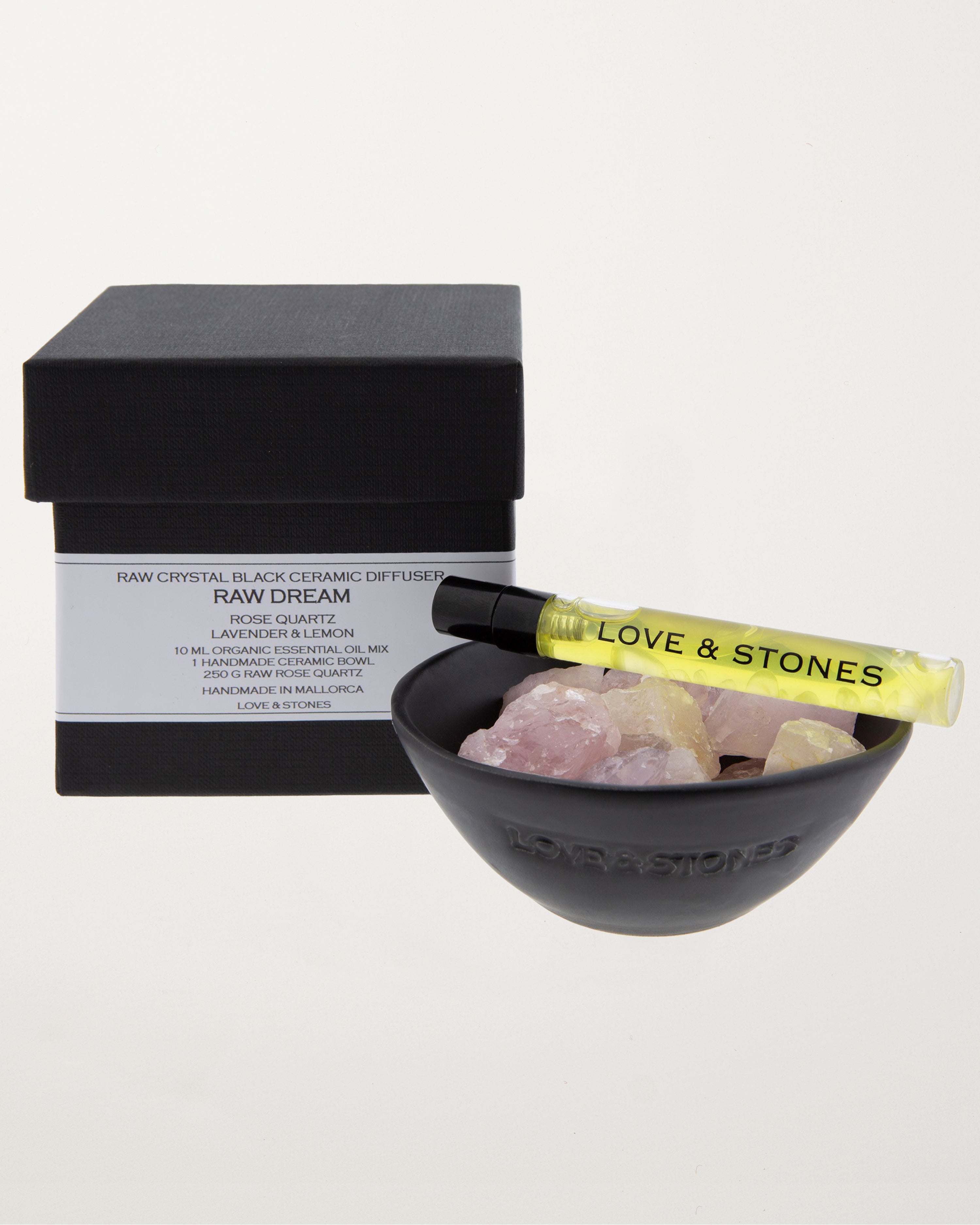 Raw Dream Rose Quartz Crystal Black Ceramic Diffuser