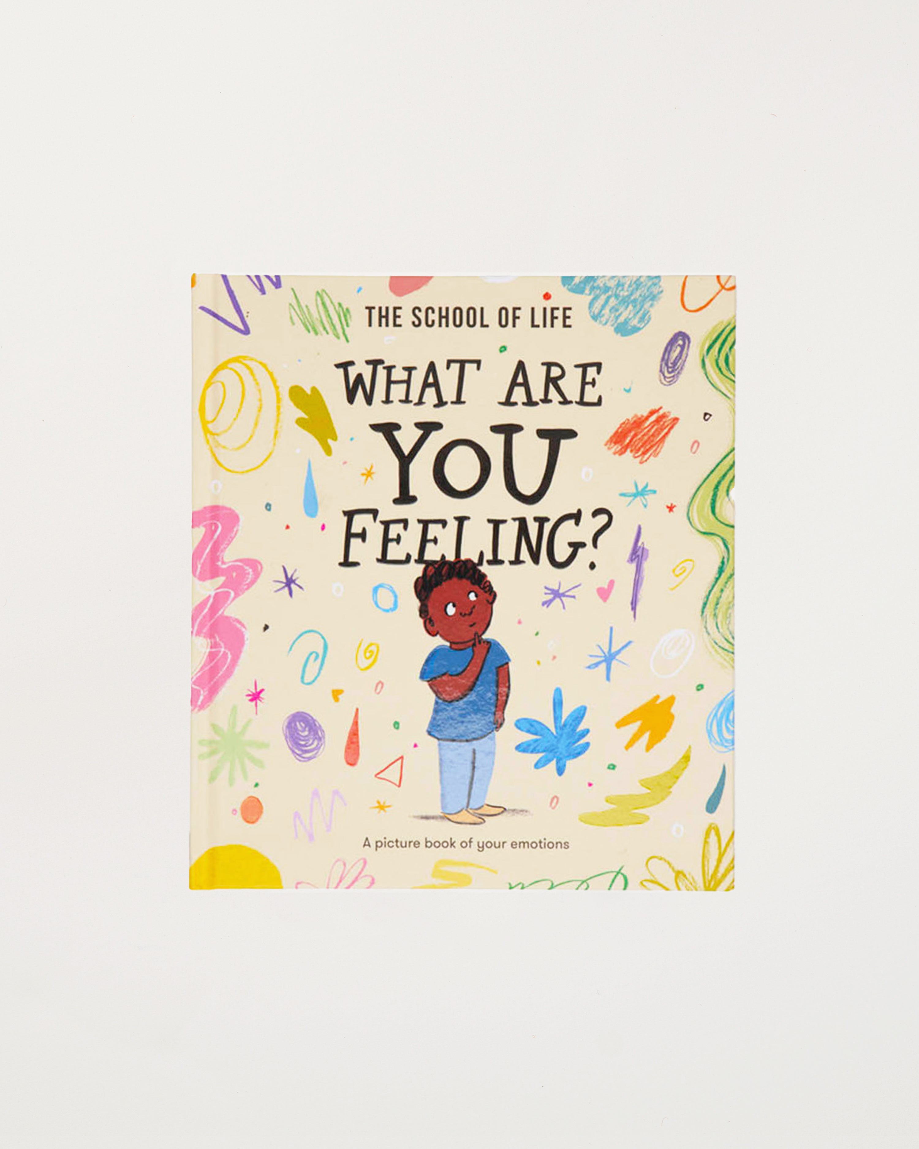 Book titled 'What Are You Feeling?' by The School of Life with colorful cover and child illustration.