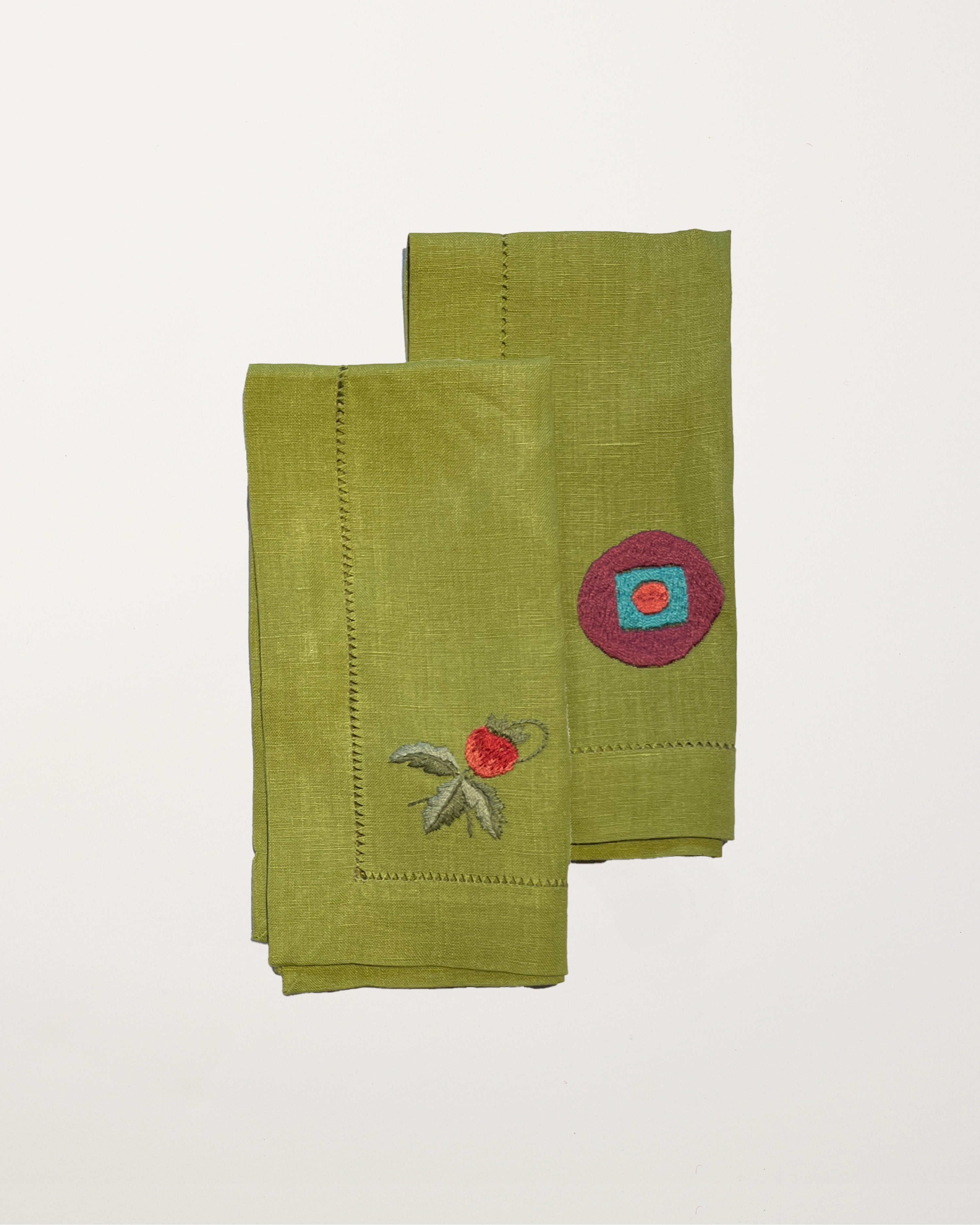 Set of 2 Green Embroidered Napkins