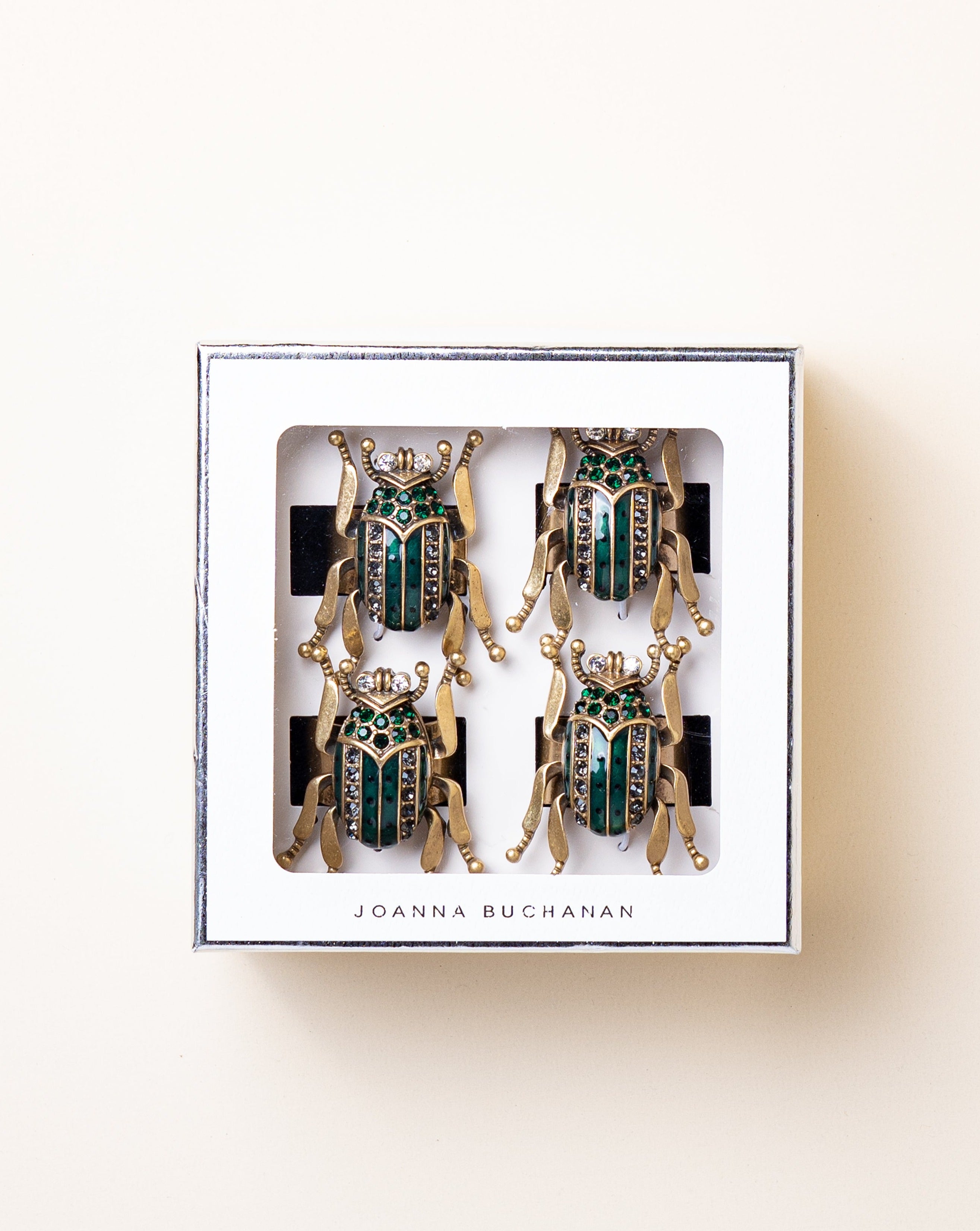 Set of 4 Enamel Beetle Napkin Rings/Worn Gold