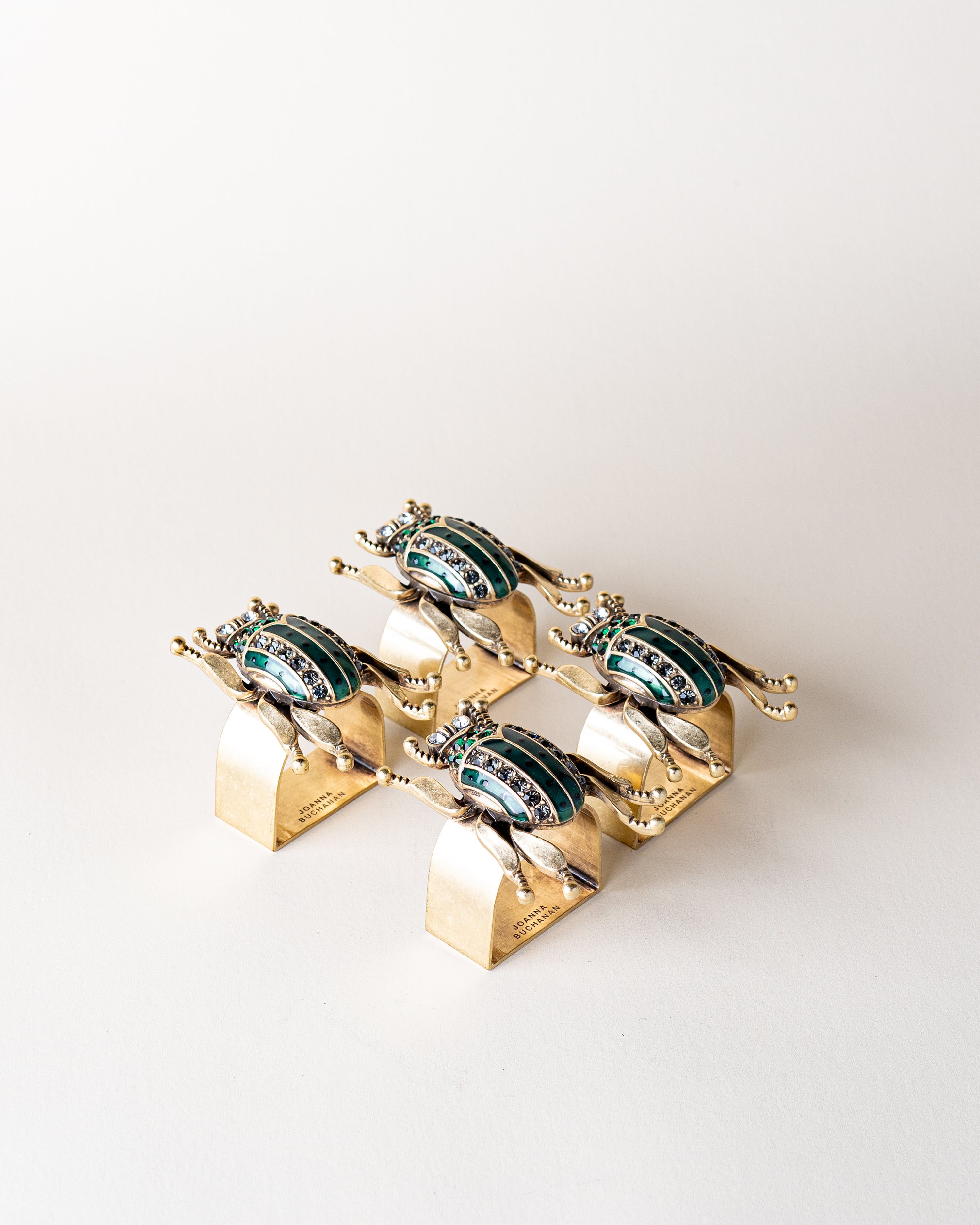 Set of 4 Enamel Beetle Napkin Rings/Worn Gold
