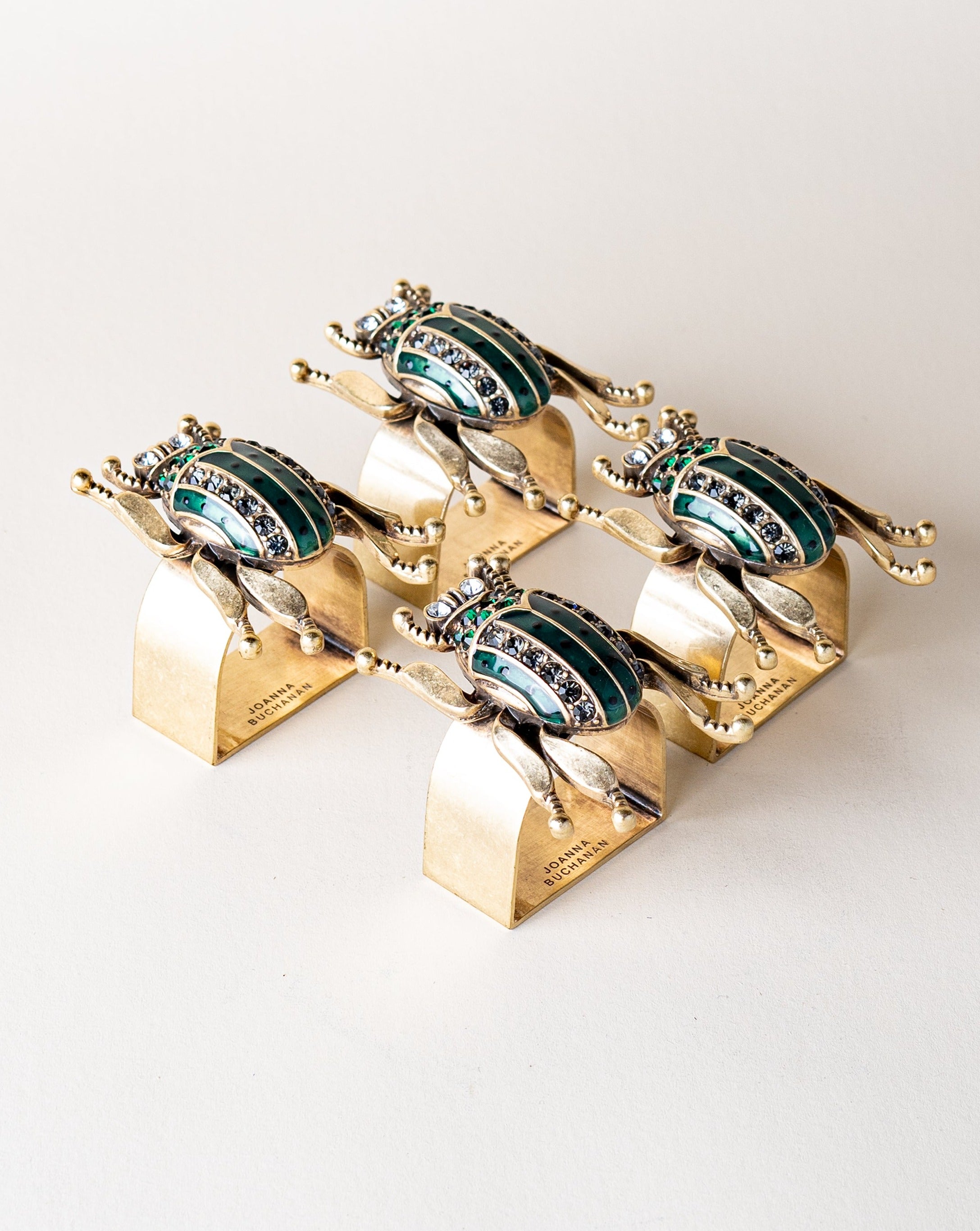 Set of 4 Enamel Beetle Napkin Rings/Worn Gold