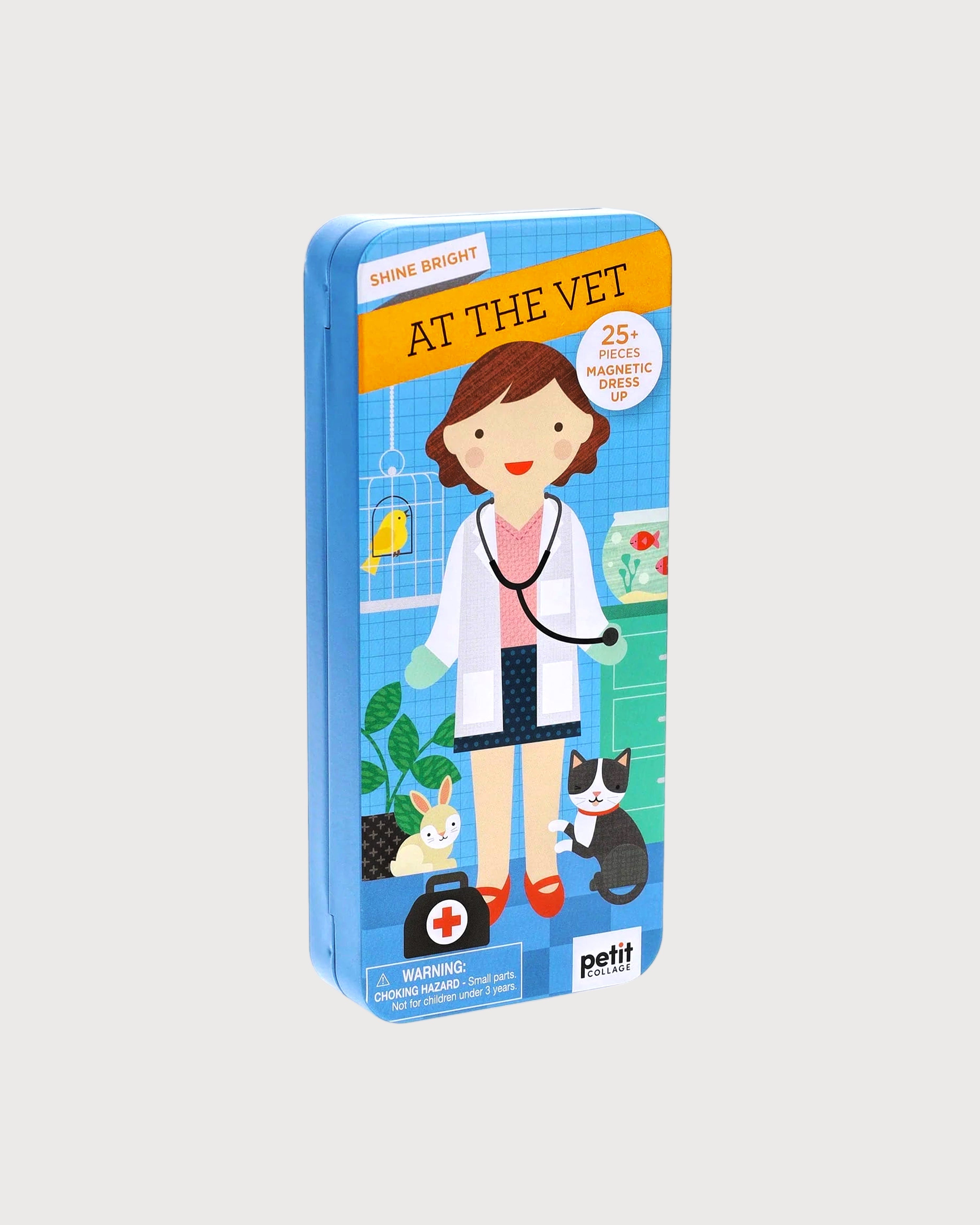 Tin box with a veterinarian illustration in a cabinet surrounded by a rabbit and a cat on a white background