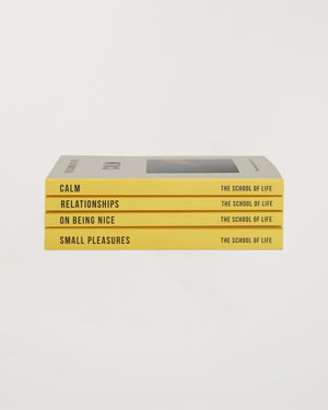 Stack of books titled 'Calm', 'Relationships', 'On Being Nice', and 'Small Pleasures' by The School of Life on a white background.
