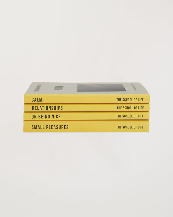 Stack of books titled 'Calm', 'Relationships', 'On Being Nice', and 'Small Pleasures' by The School of Life on a white background.