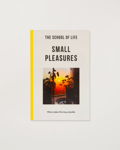 Book titled 'Small Pleasures' by The School of Life with a sunset image on the cover.