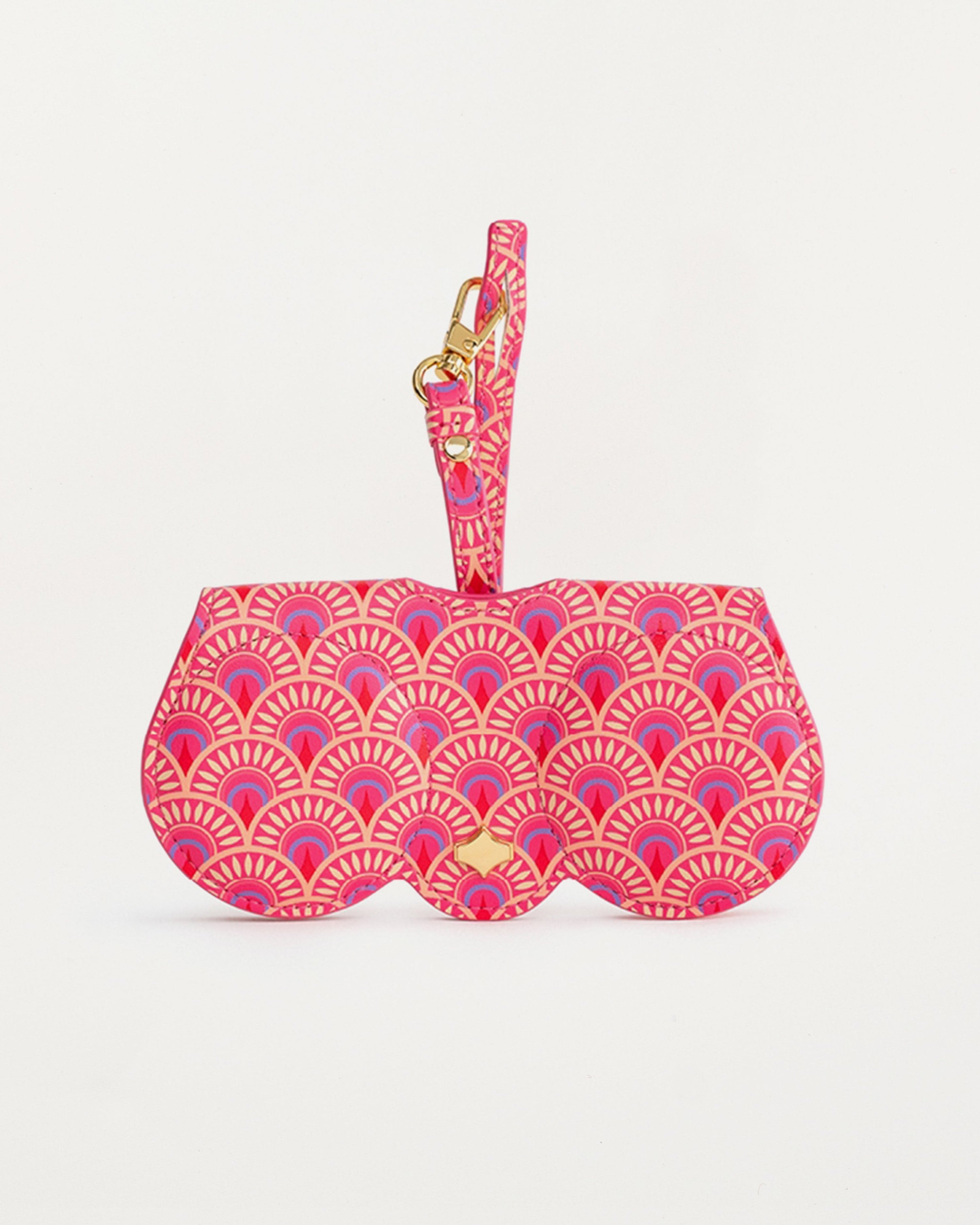 Aurora SunCover sunglasses case with floral silk-print pattern in red, orange and pink, round-edge shape and gold-plated hardware