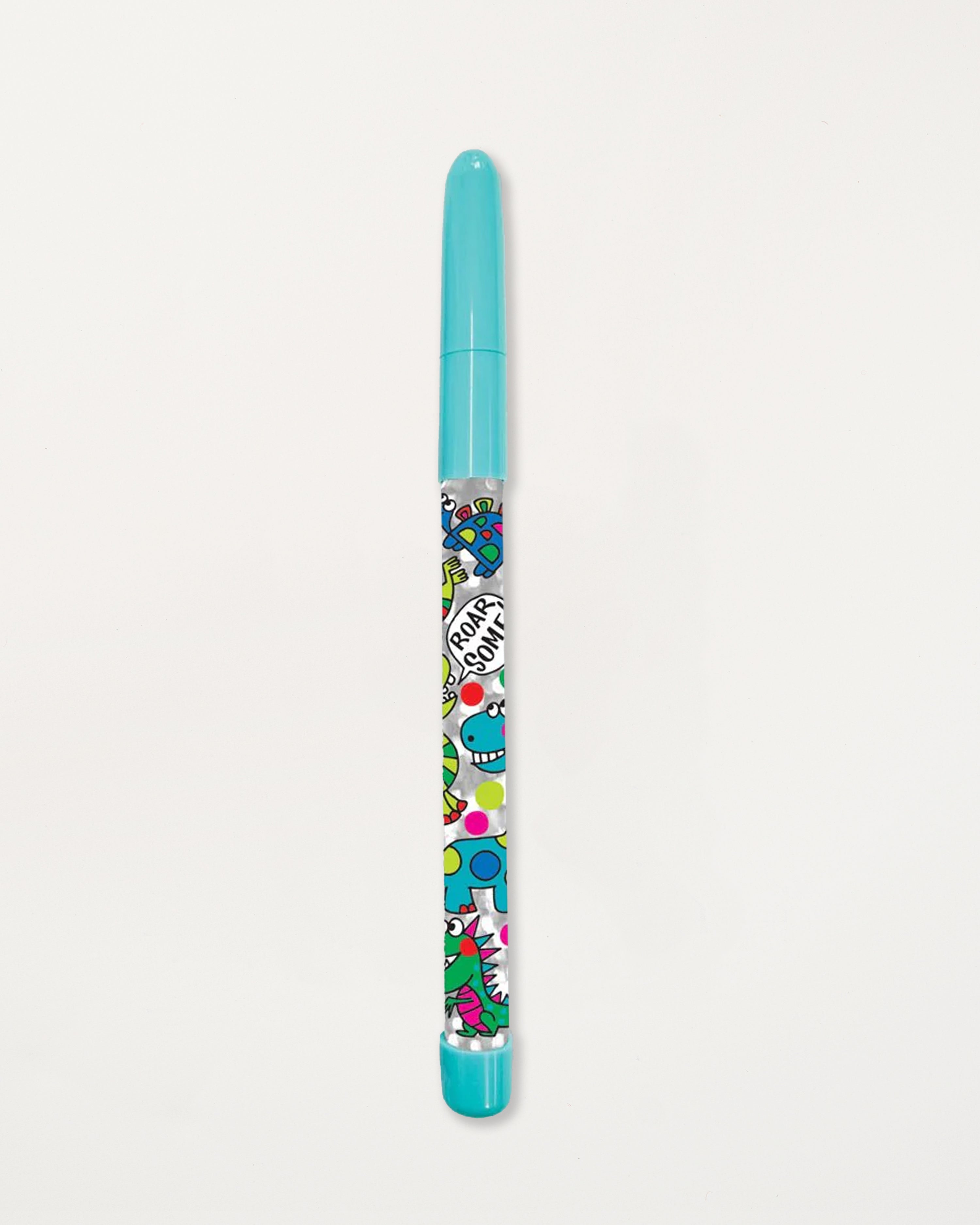 Turquoise pen with colorful pattern on a white background