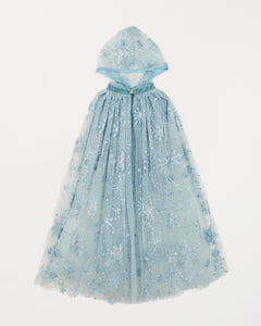 Blue hooded dress with floral pattern on a white background