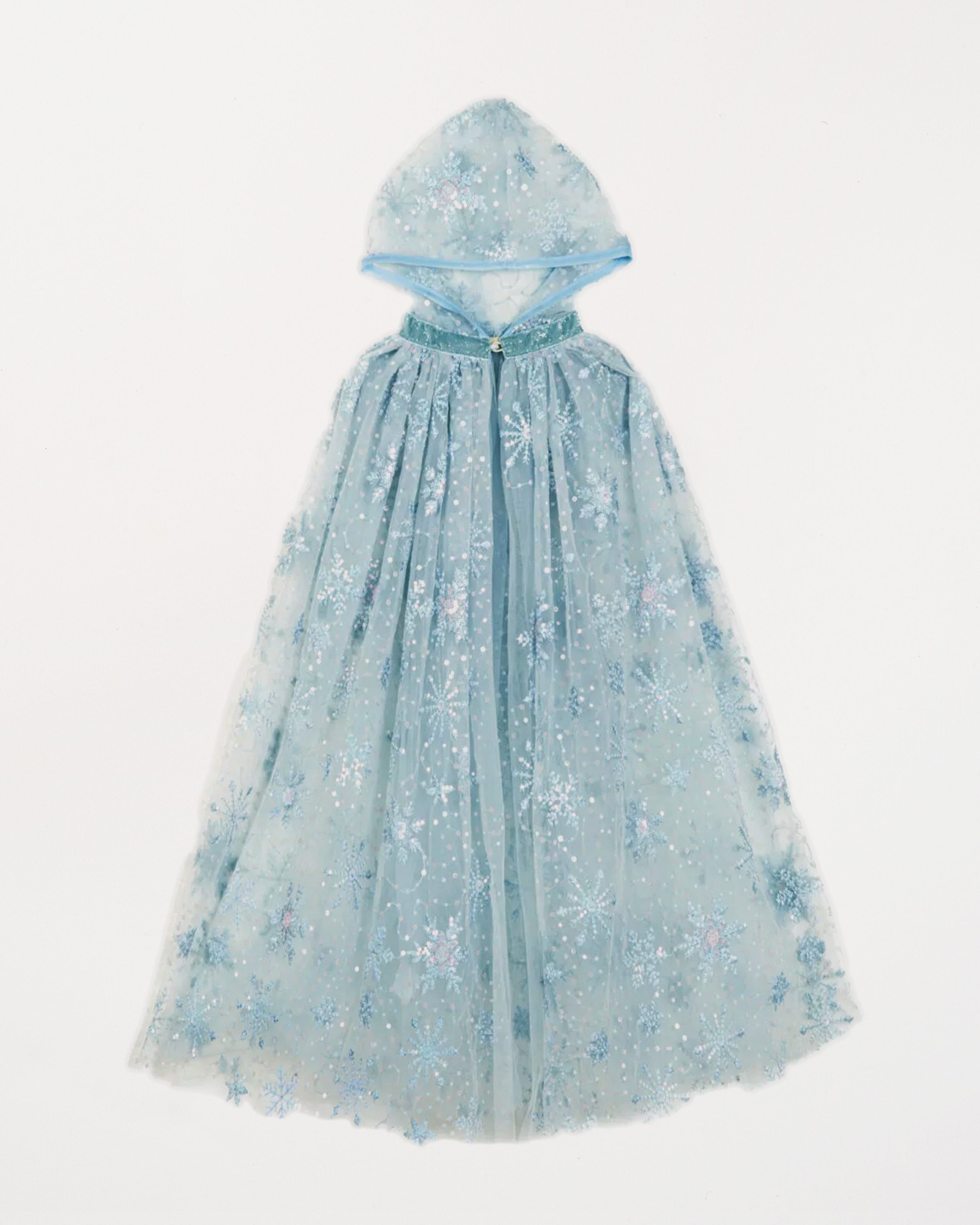 Blue hooded dress with floral pattern on a white background