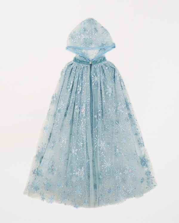Blue hooded dress with floral pattern on a white background