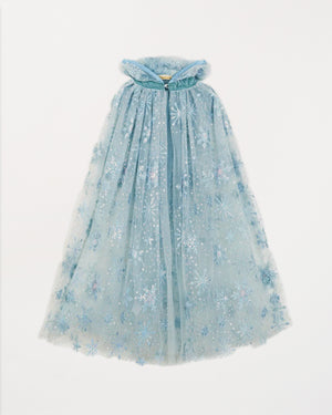 Light blue tulle dress with floral embroidery on a white background