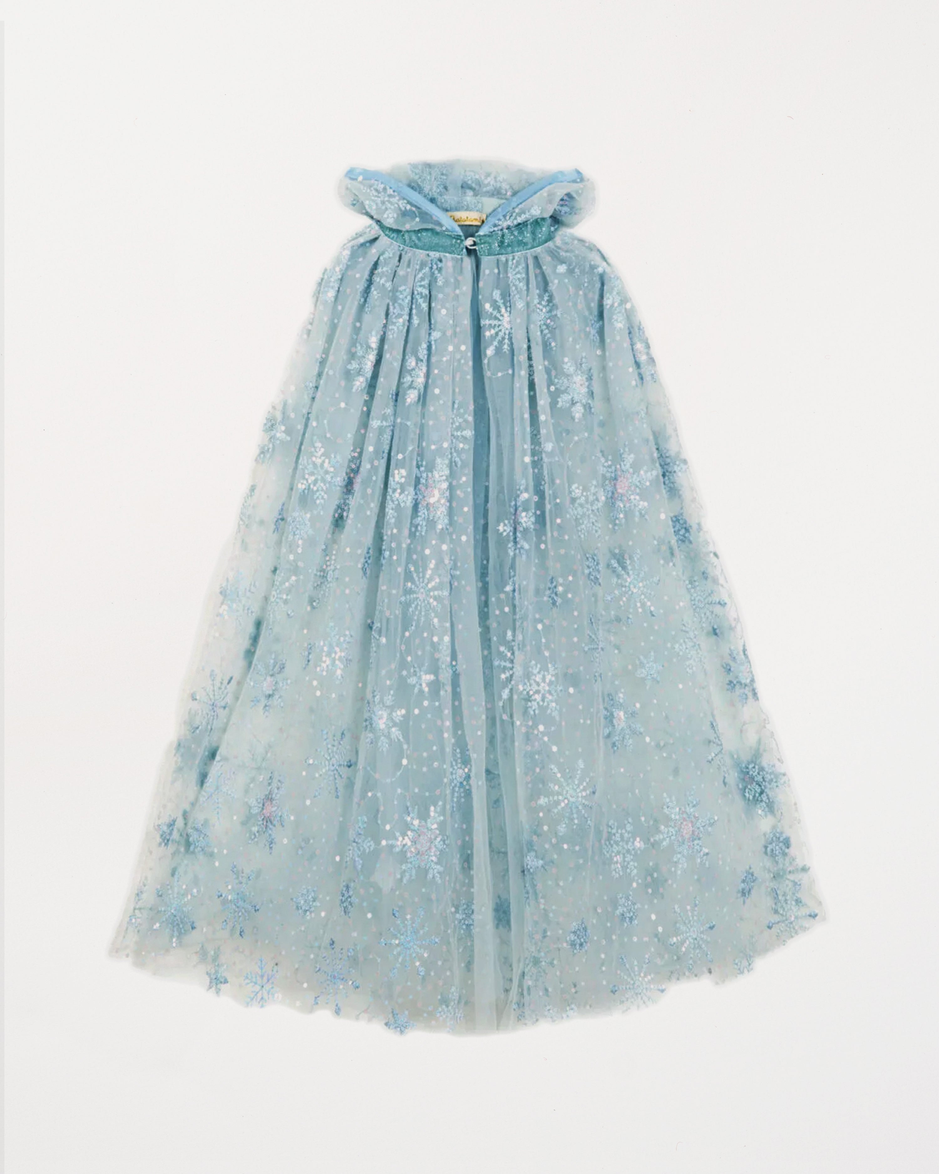 Light blue tulle dress with floral embroidery on a white background